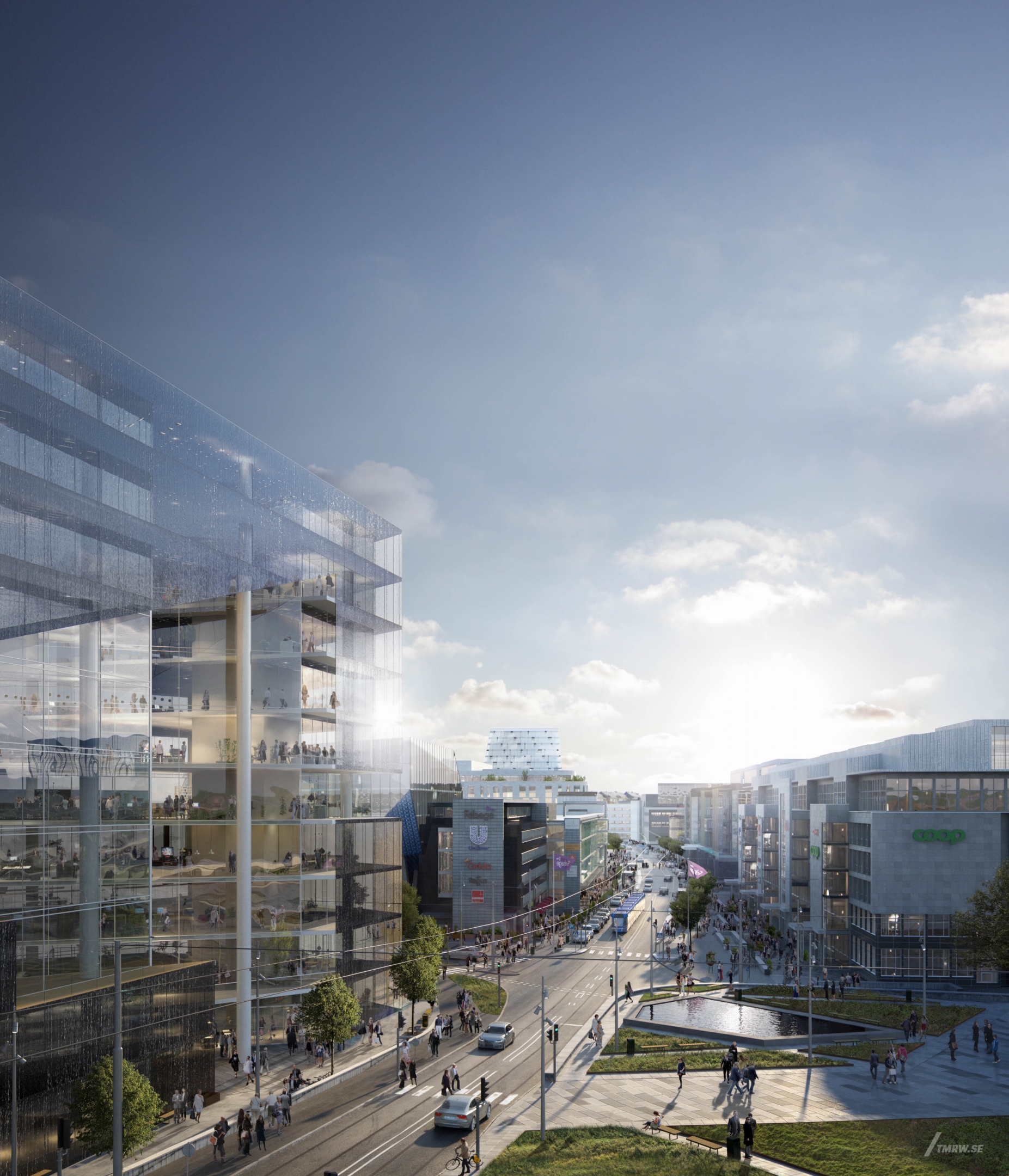 Architectural visualization of Solna Business Park for Fabege, aerial view of street and office buildings