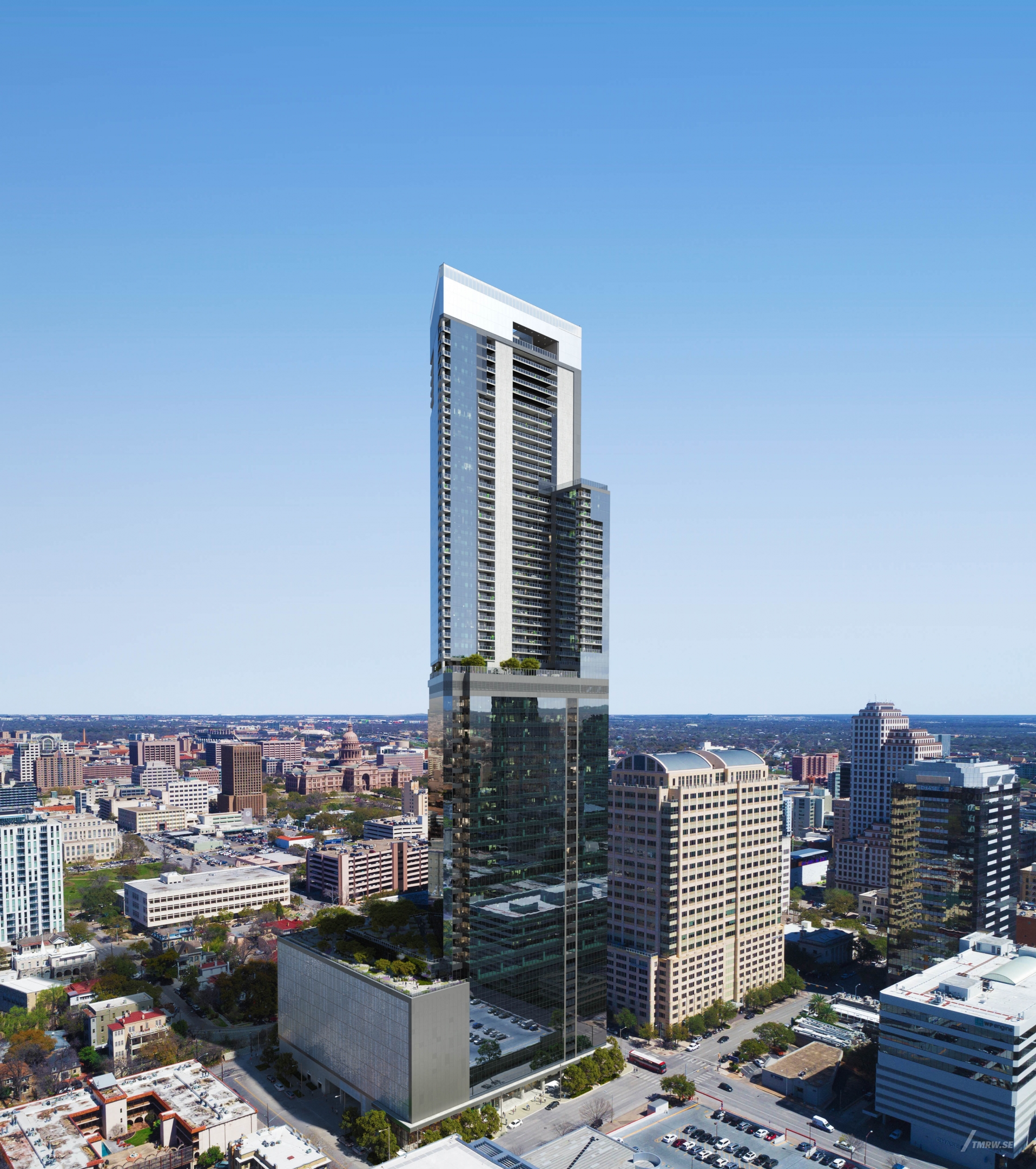 Architectural visualization of 6 x Guadalupe for Gensler, aerial of a glass office skyscraper