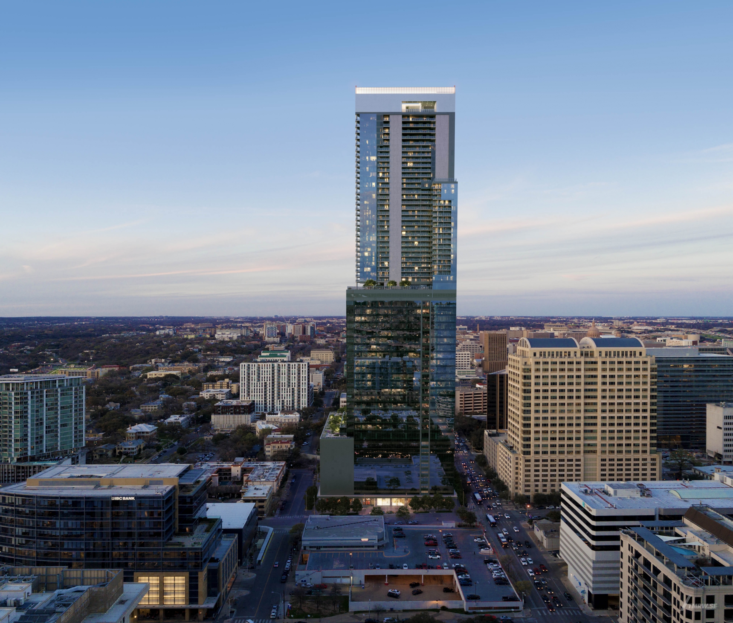 Architectural visualization of 6 x Guadalupe for Gensler, aerial of a glass office skyscraper in dusk