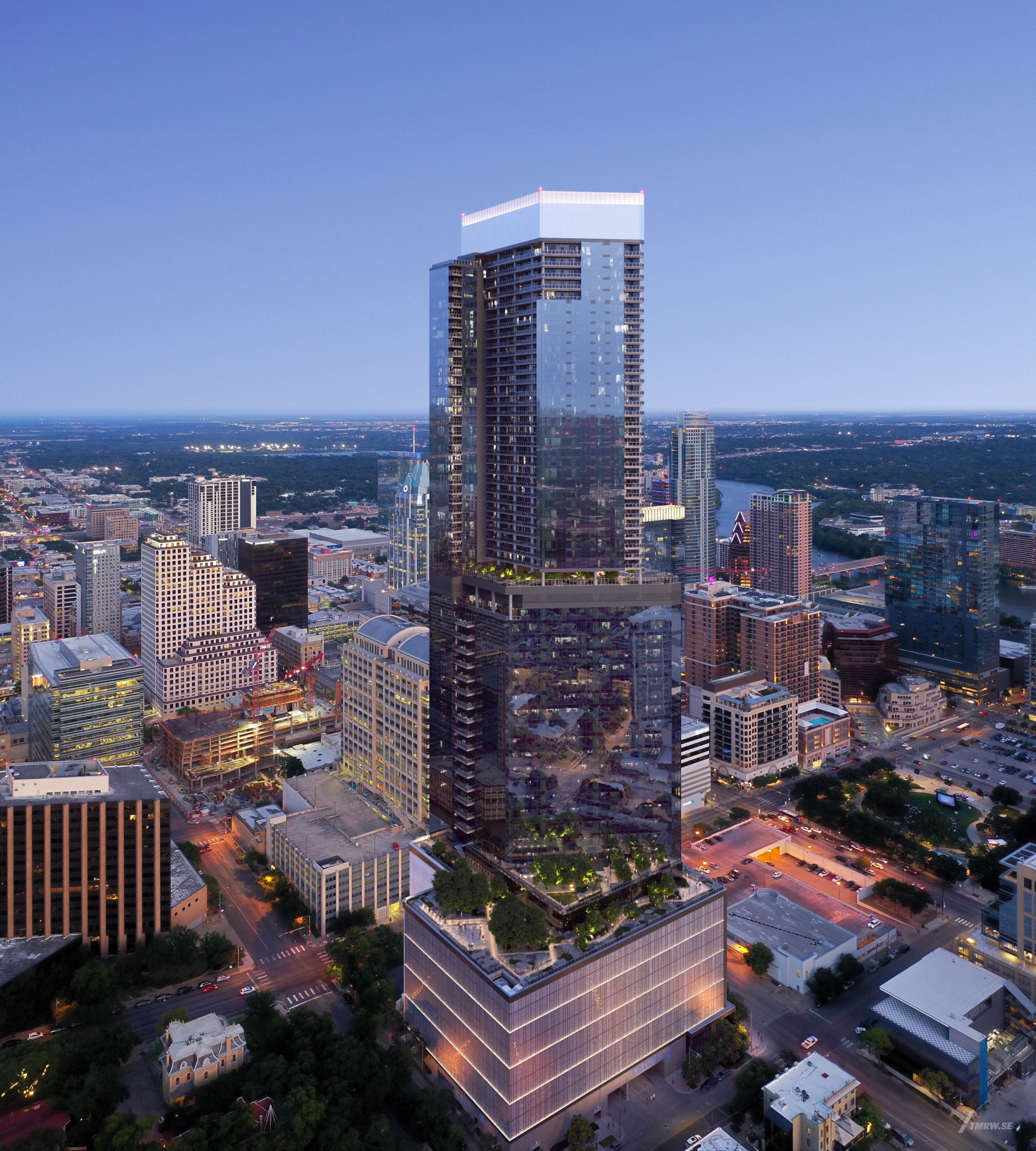 Architectural visualization of 6 x Guadalupe for Gensler, aerial of a glass office skyscraper in dusk, magenta light