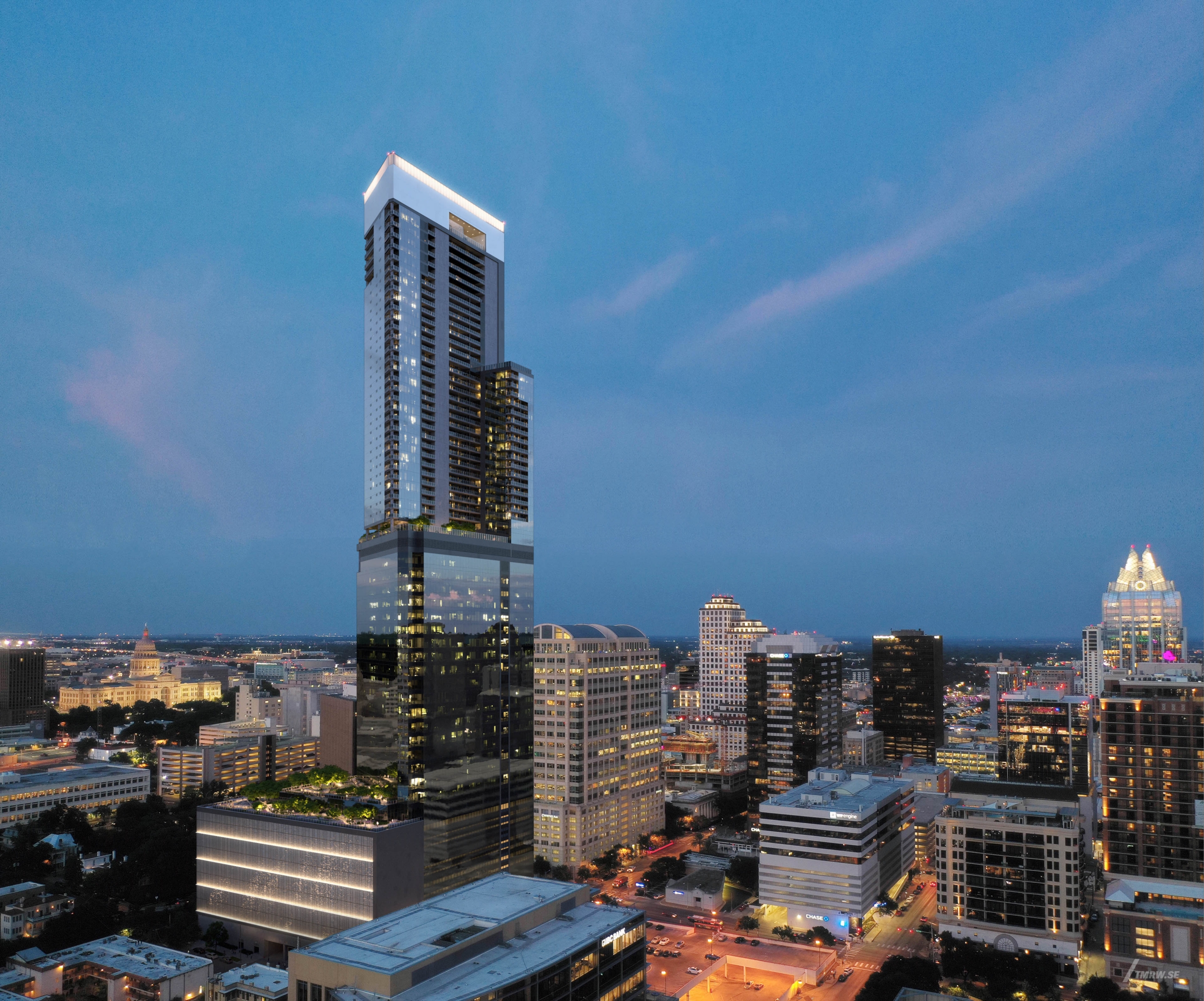 Architectural visualization of 6 x Guadalupe for Gensler, aerial of a glass office skyscraper in dusk, blue light