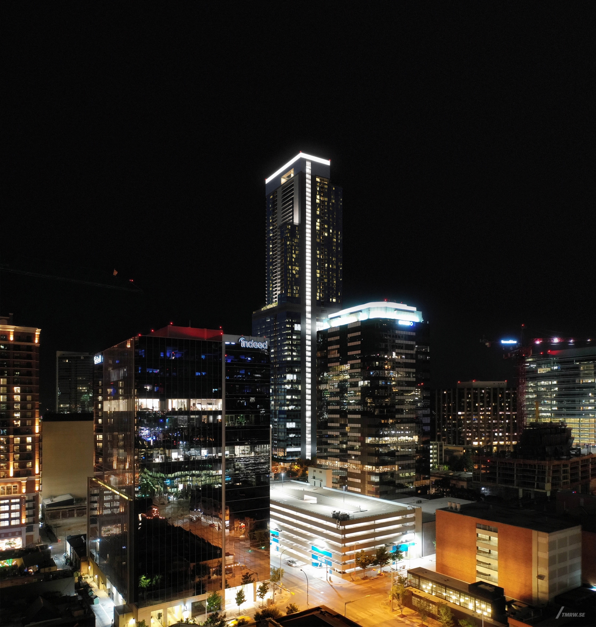 Architectural visualization of 6 x Guadalupe for Gensler, exterior of a city block with skyscrapers at night