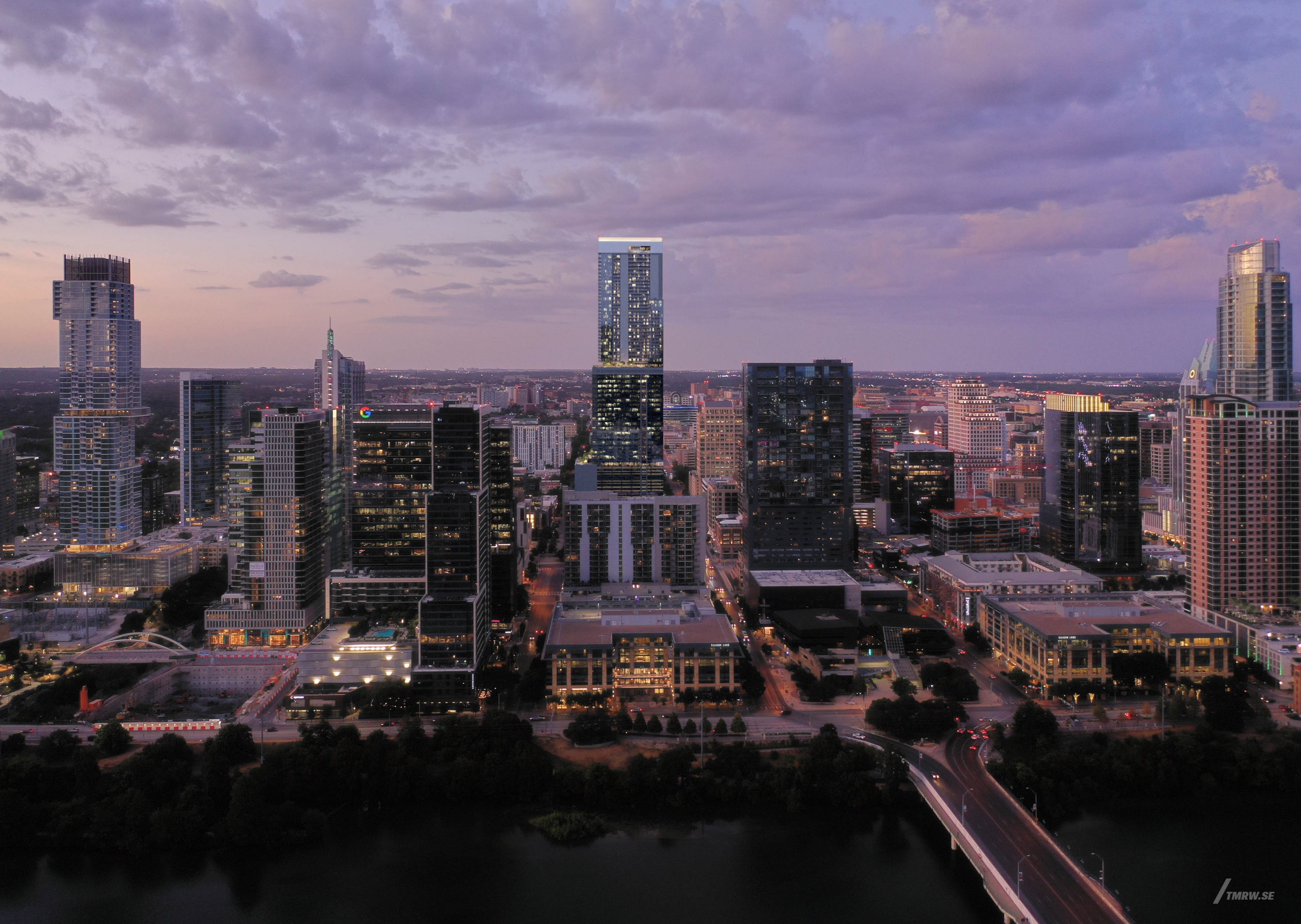 Architectural visualization of 6 x Guadalupe for Gensler, aerial of a glass office skyscraper in dusk, evening