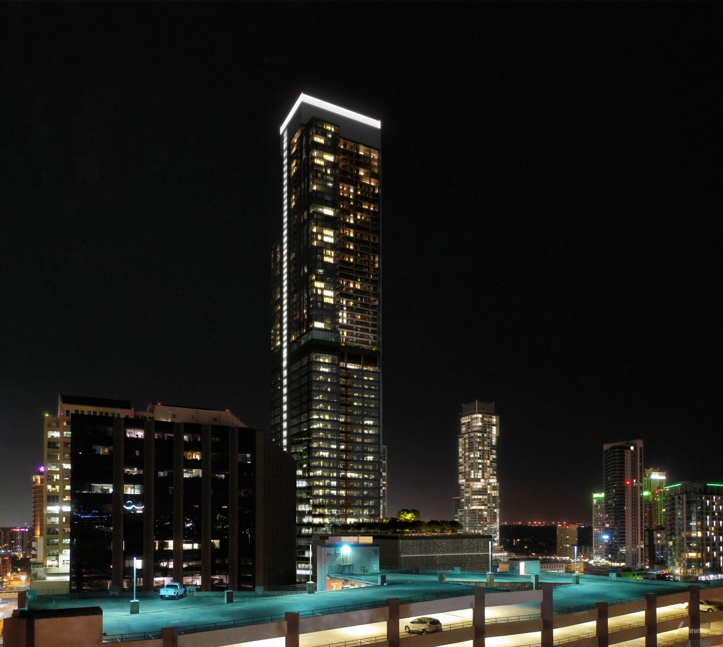 Architectural visualization of 6 x Guadalupe for Gensler, exterior of a skyscraper at night, parking deck in foreground