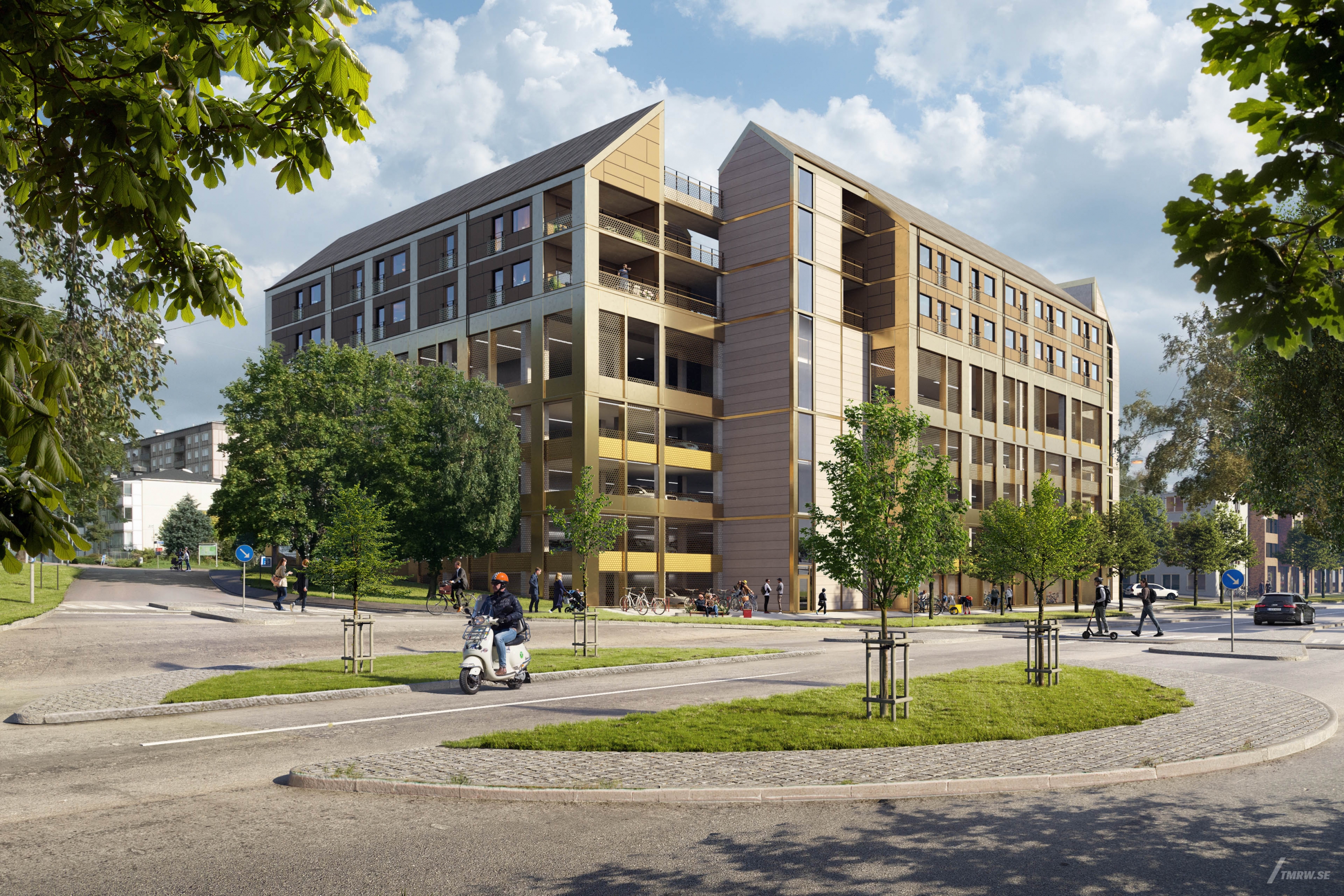 Architectural visualization of Litteraturgatan for QPG a apartment and parking building in day light form a street view.
