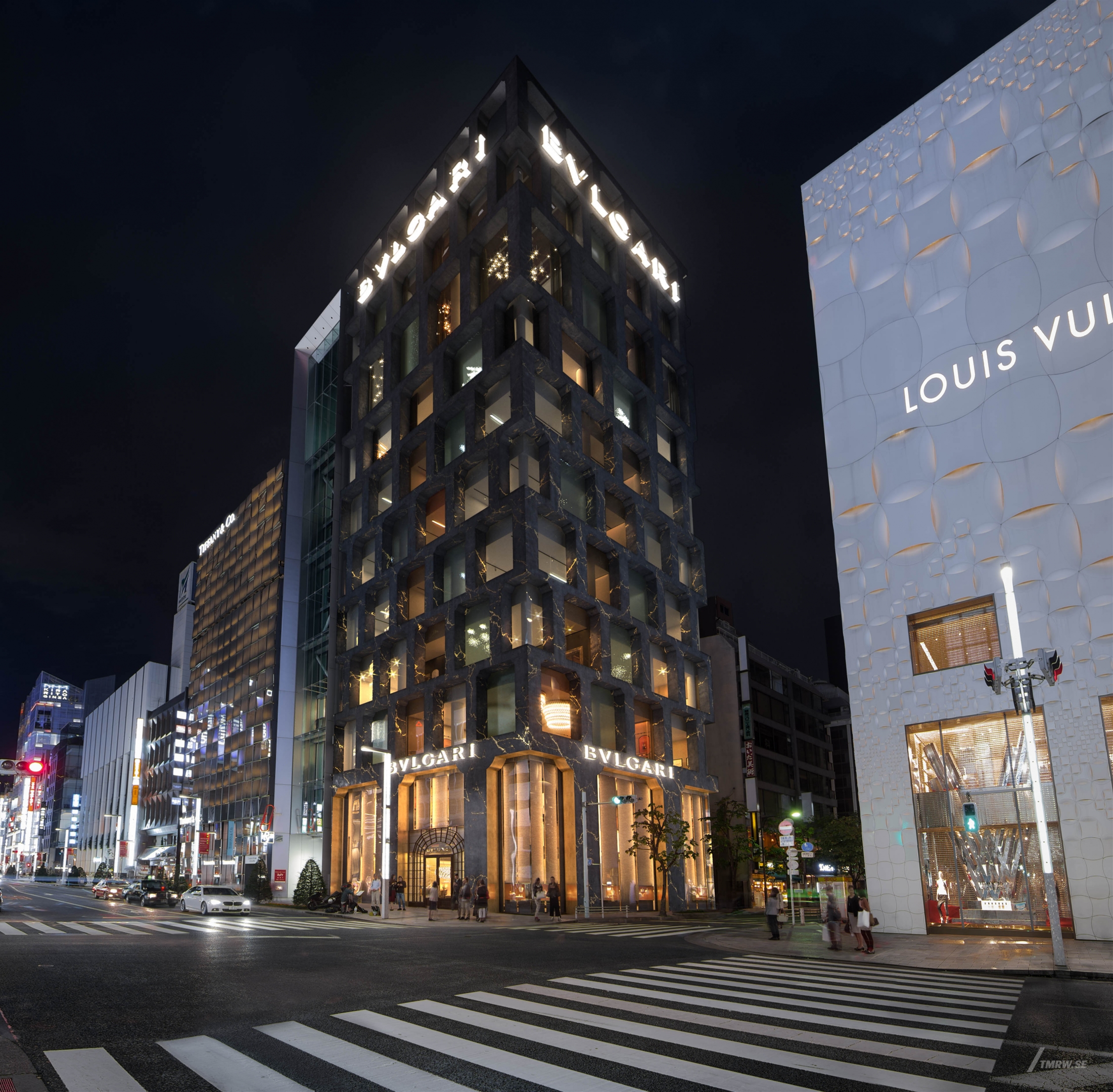 Architectural visualization for MVRDV, exclusive shopping street at night