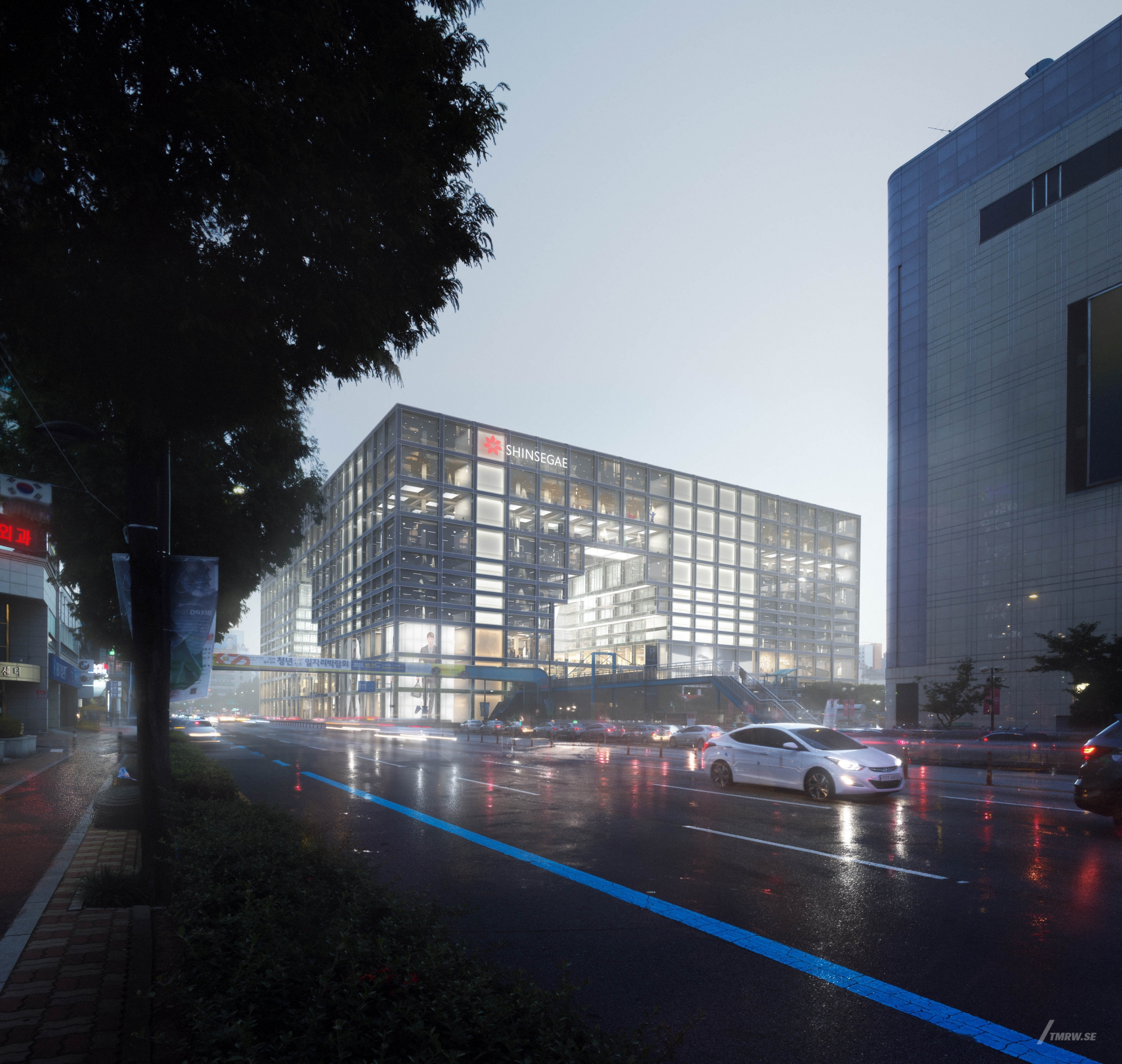 Architectural visualization of Shinsegae for MVRDV, street view of Shinsegae store in the dusk and rain