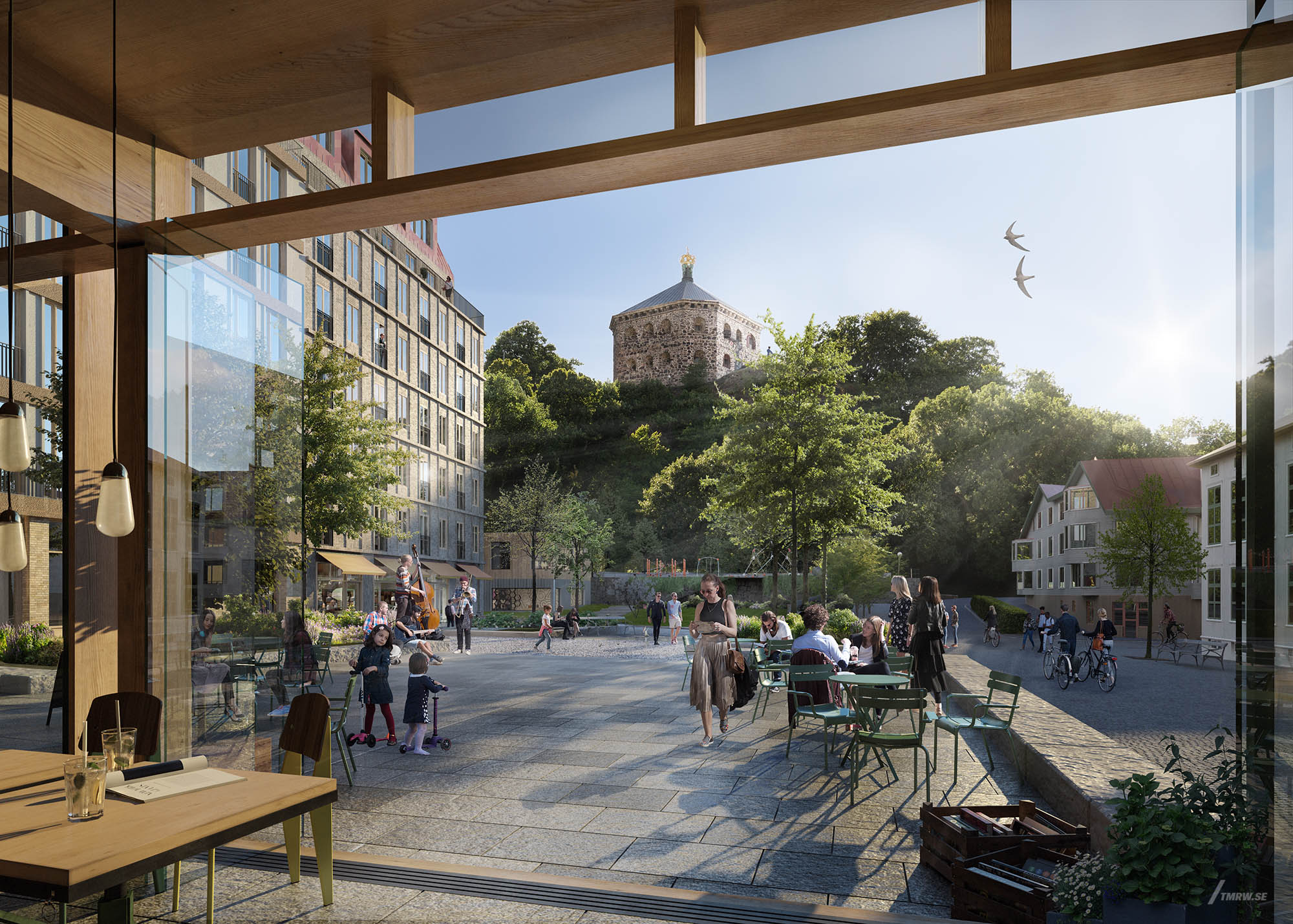Architectural visualization of Skanstorget for Aix, exterior of a café and a square in day light, location Gothenburg