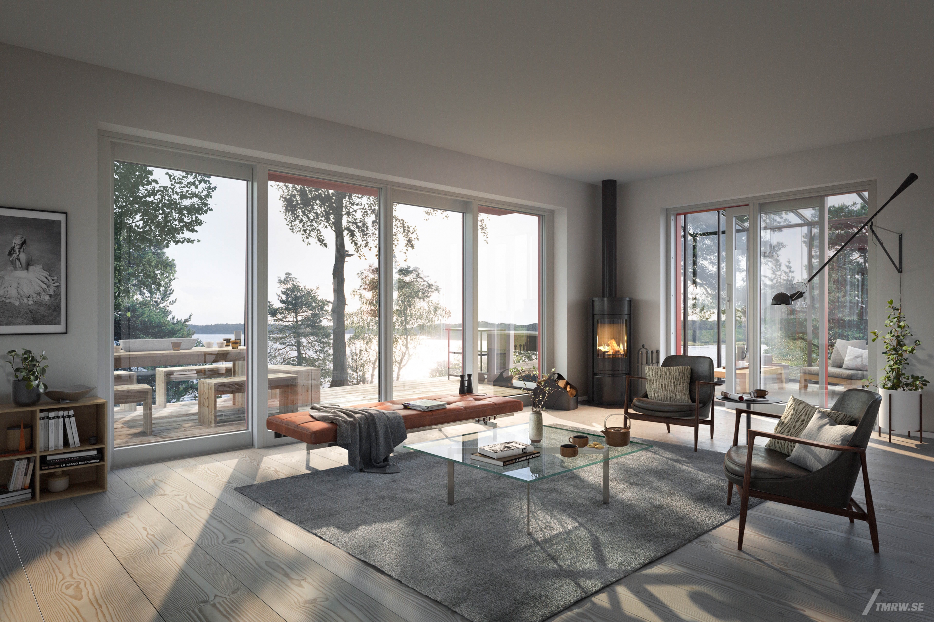 Architectural visualization of Glasberga for Arkitektbruket, interior of living room in day light, view over lake