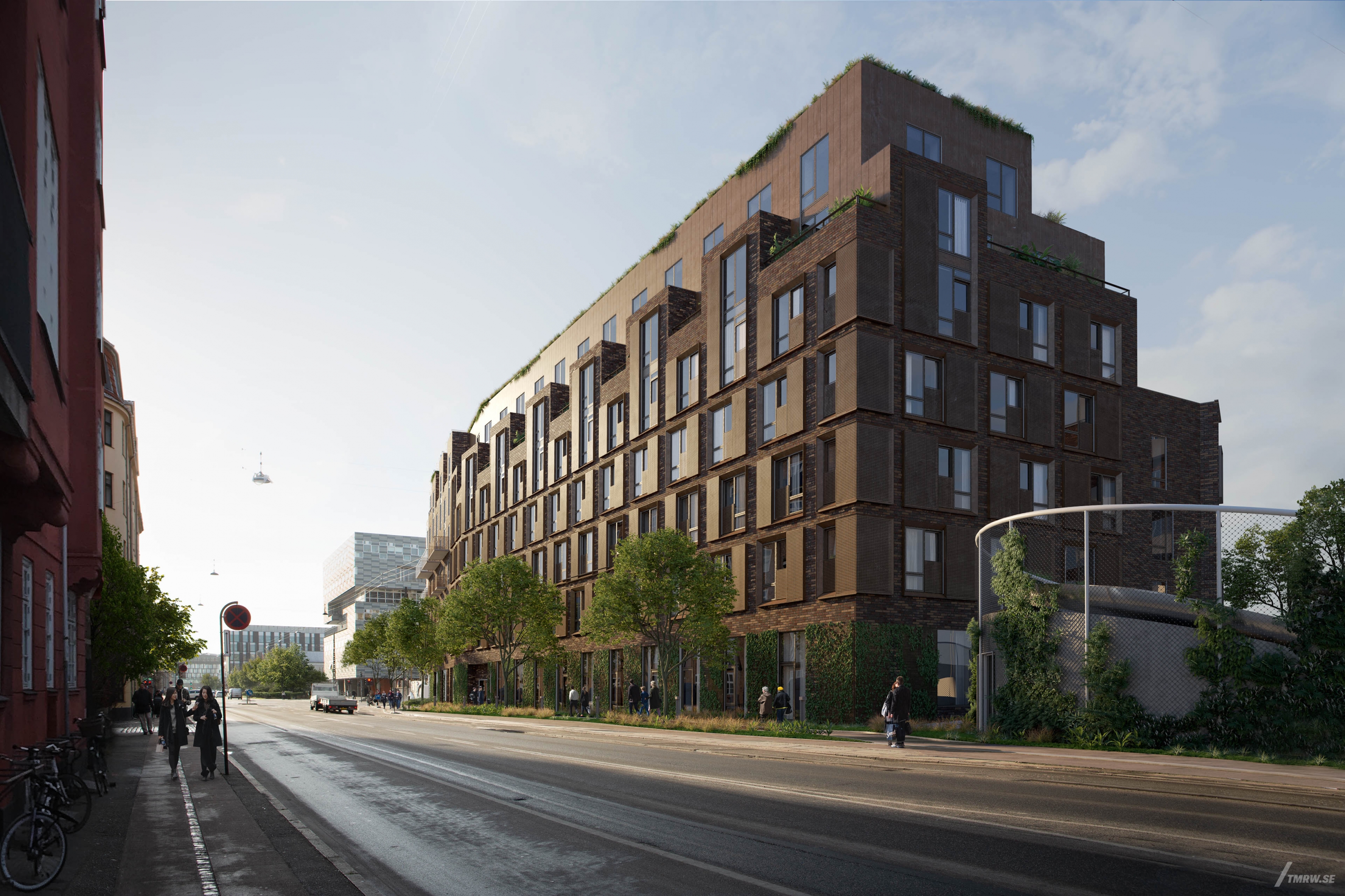 Architectural visualization of Bryggen Bastion for Arkitema, residential building, people walking on pavement