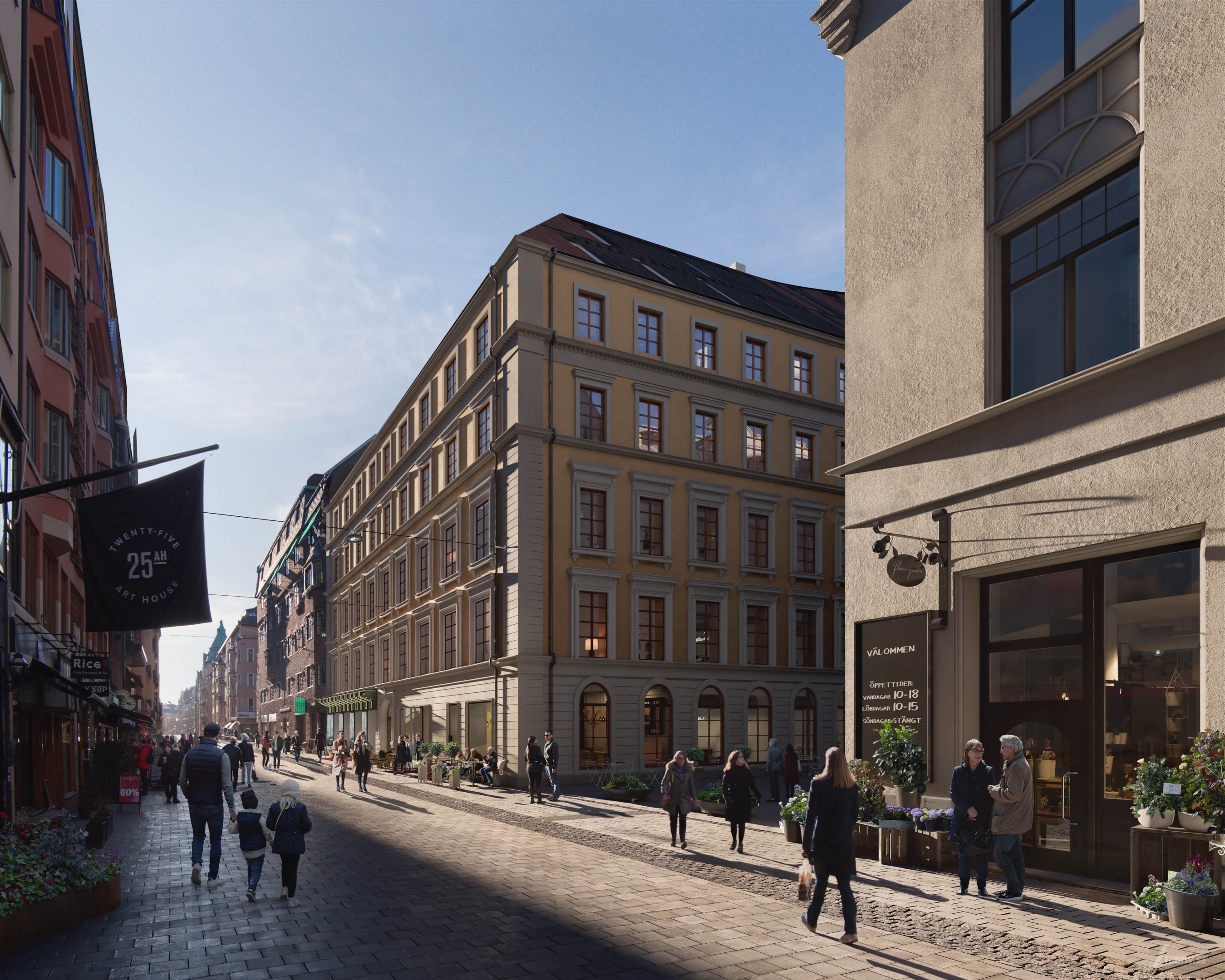 Architectural visualization of Astoria for Humlegården, city walking street, sunny day