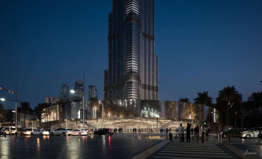 Architectural visualization of Hyperloop for BIG, a corner view in evening light.