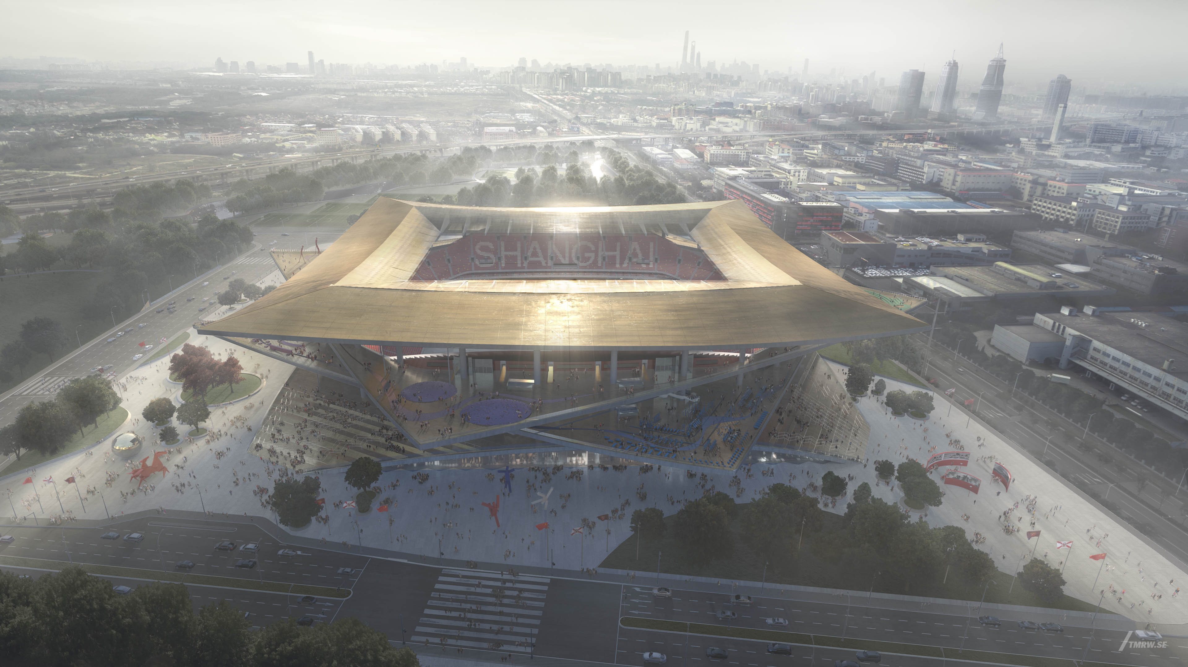 Architectural visualization of Shanghai Stadium​​​​​​​ for BIG, aerial of arena in daylight, location shanghai