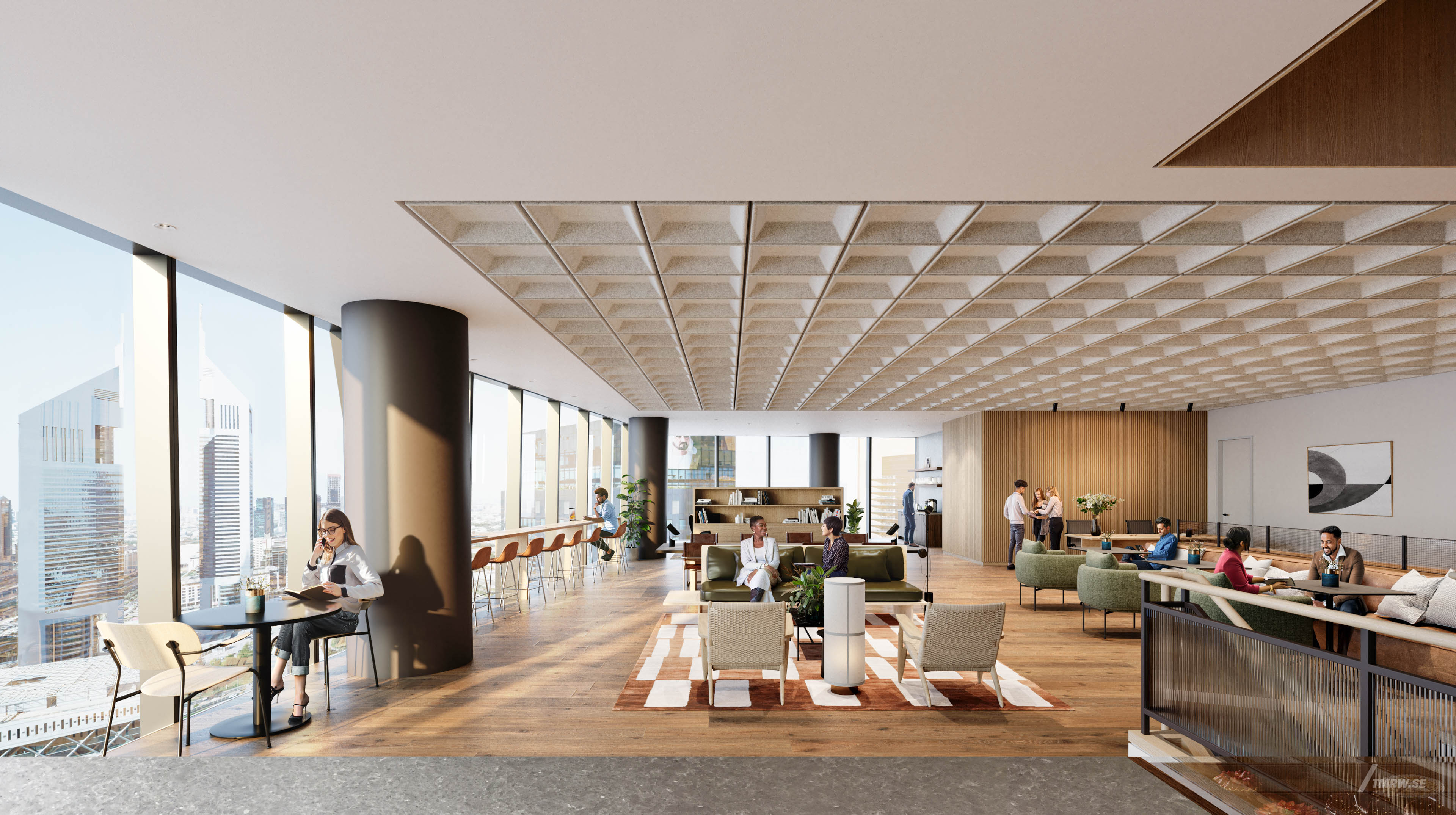 Architectural visualization of ICD Brookfield for Brookfield Properties, office lounge area, in skyscraper