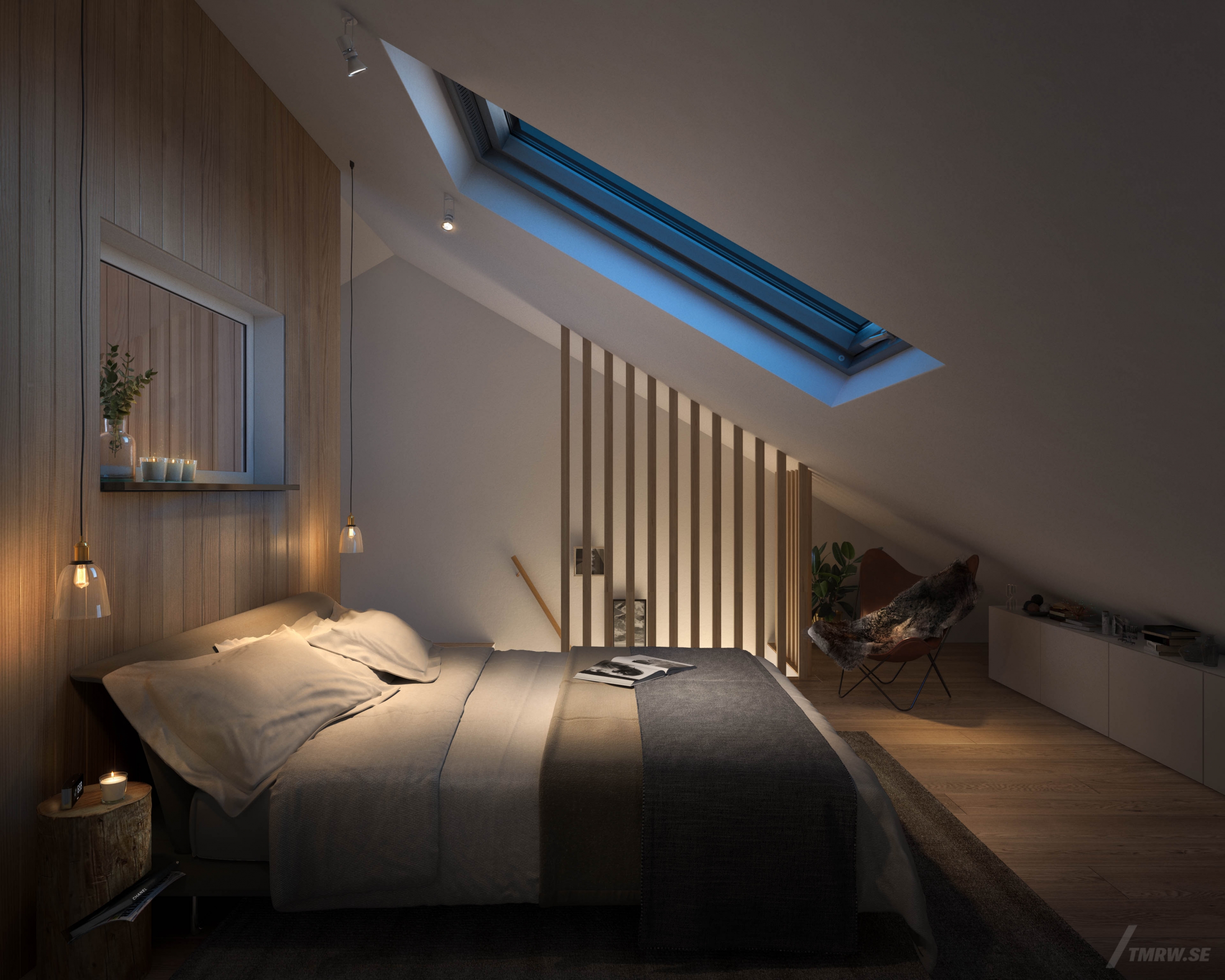 Architectural visualization of Slopen for Bleck, bedroom with roof window, dusk outside
