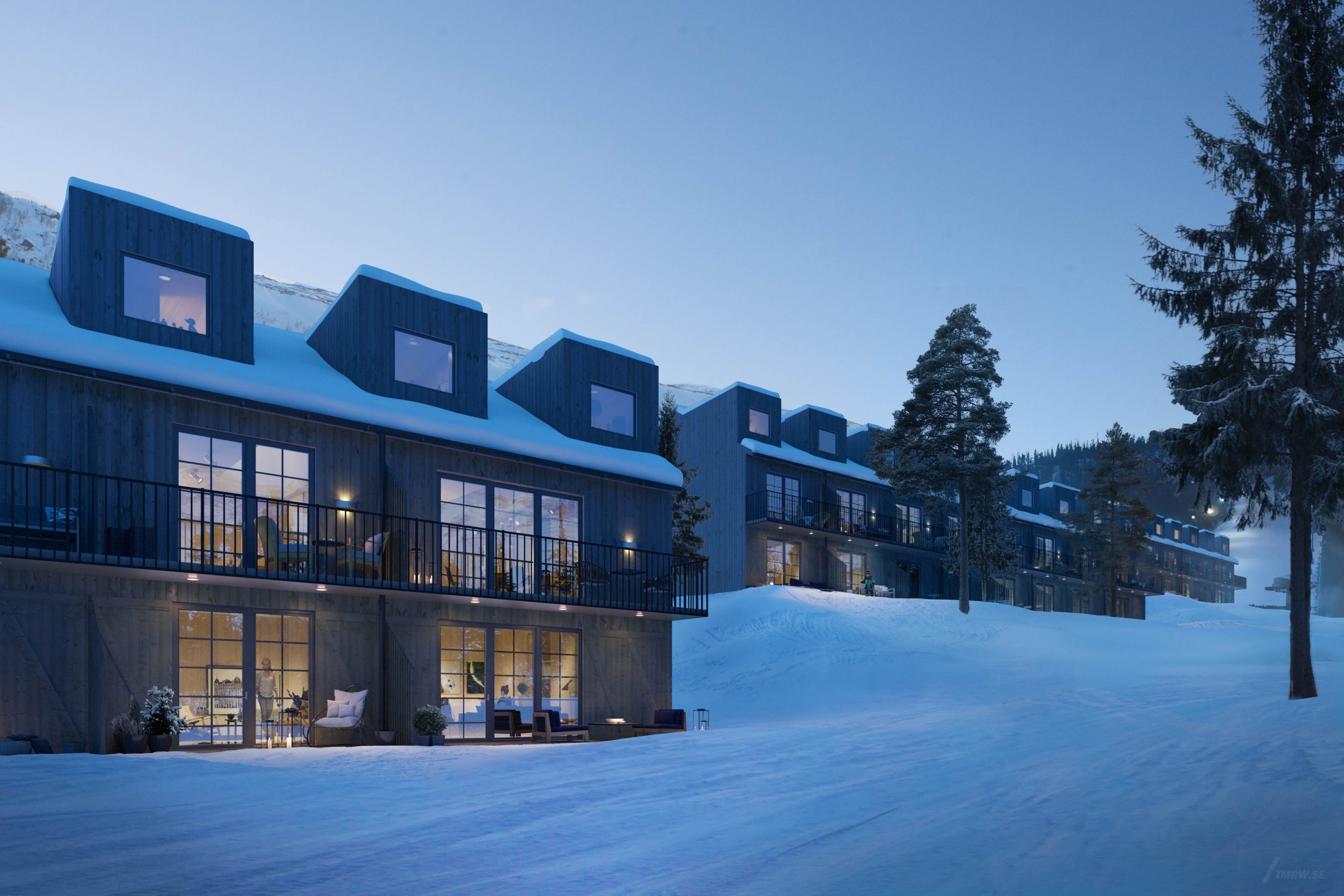 Architectural visualization of Hills365 for Bleck, exterior of residential buildings in dusk, snow landscape