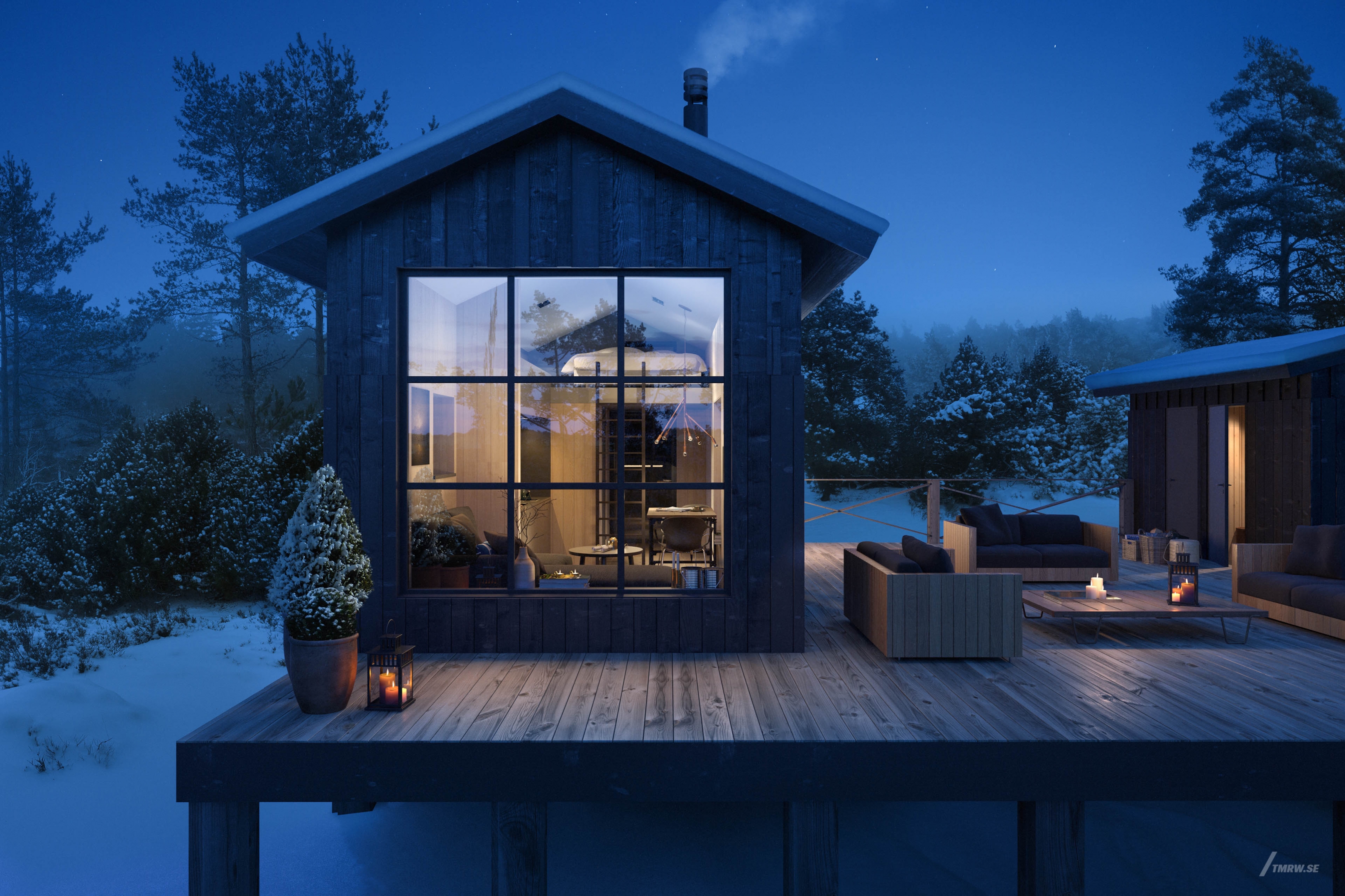 Architectural visualization of Lofsdalen for Bleck, small residential house in a winter landscape
