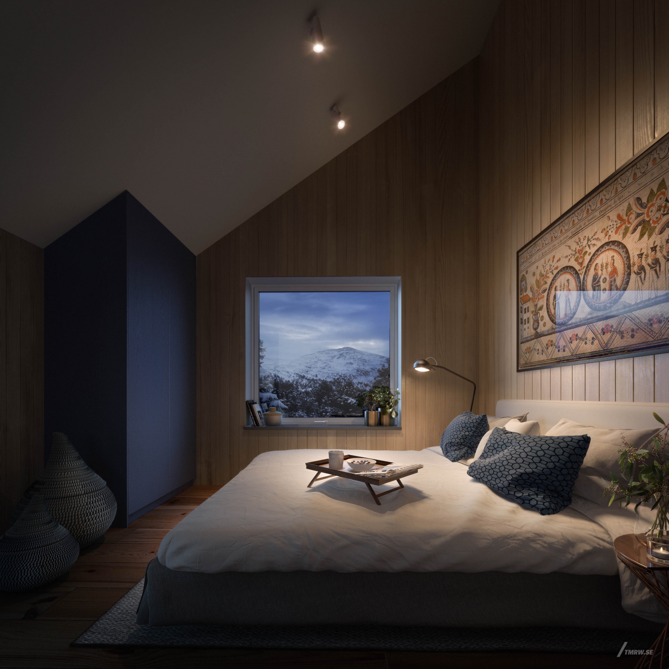 Architectural visualization of Hills365 for Bleck, interior of a bed room in dusk, views of snow-capped mountains