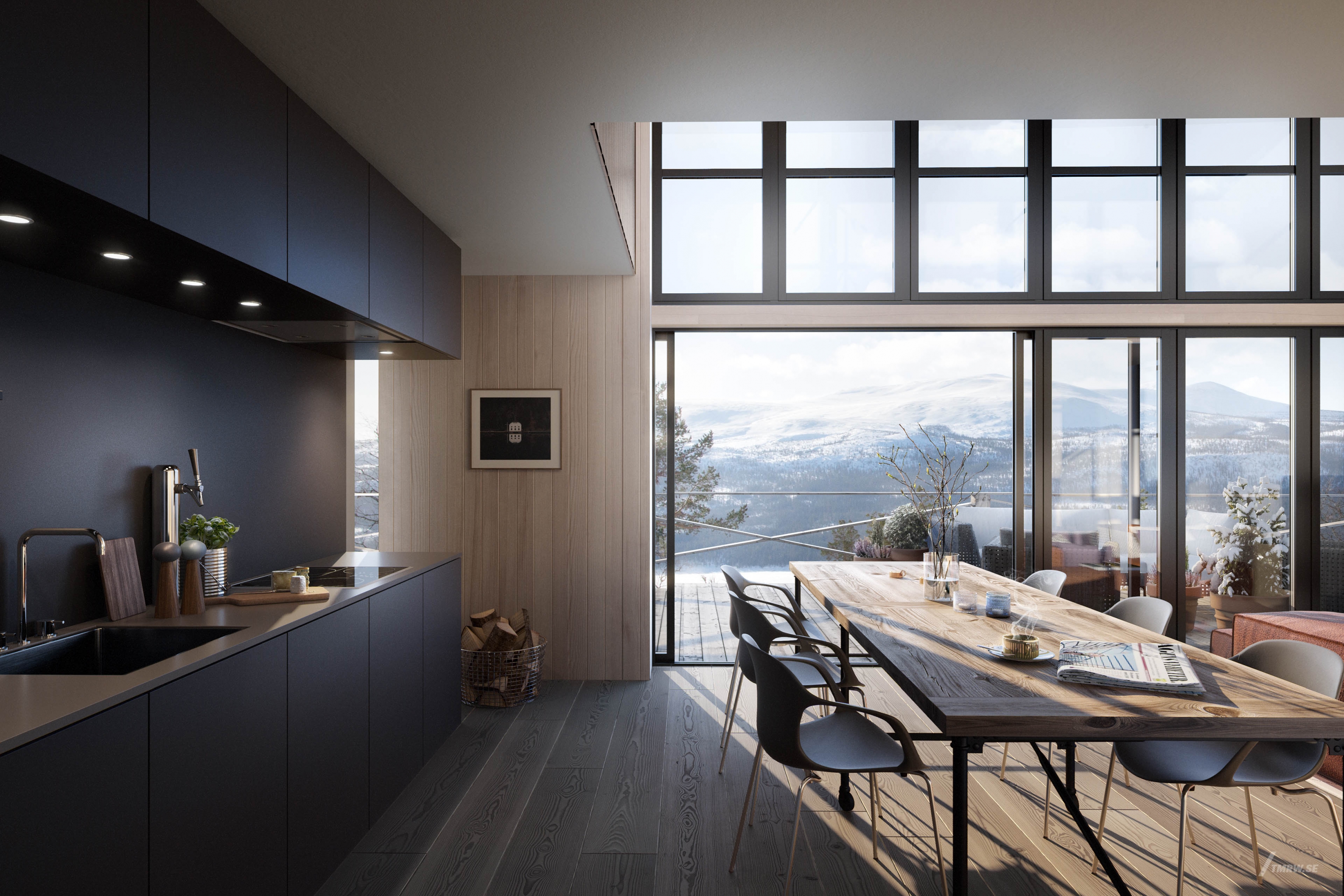 Architectural visualization of Lofsdalen for Bleck, interior of living room in day light, view of winter landscape