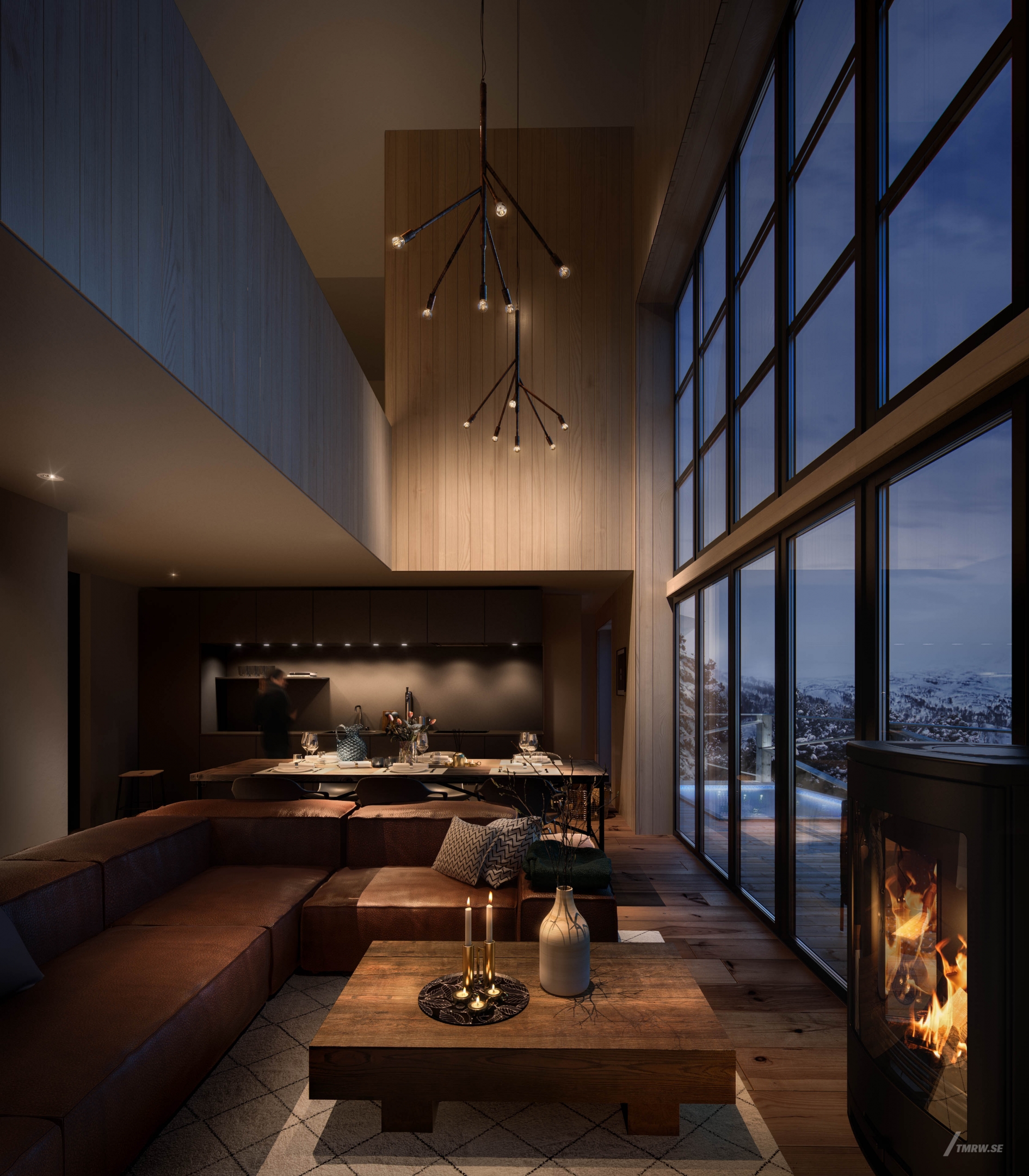 Architectural visualization of Hills365 for Bleck, interior of a living room in dusk, cosy fire stove