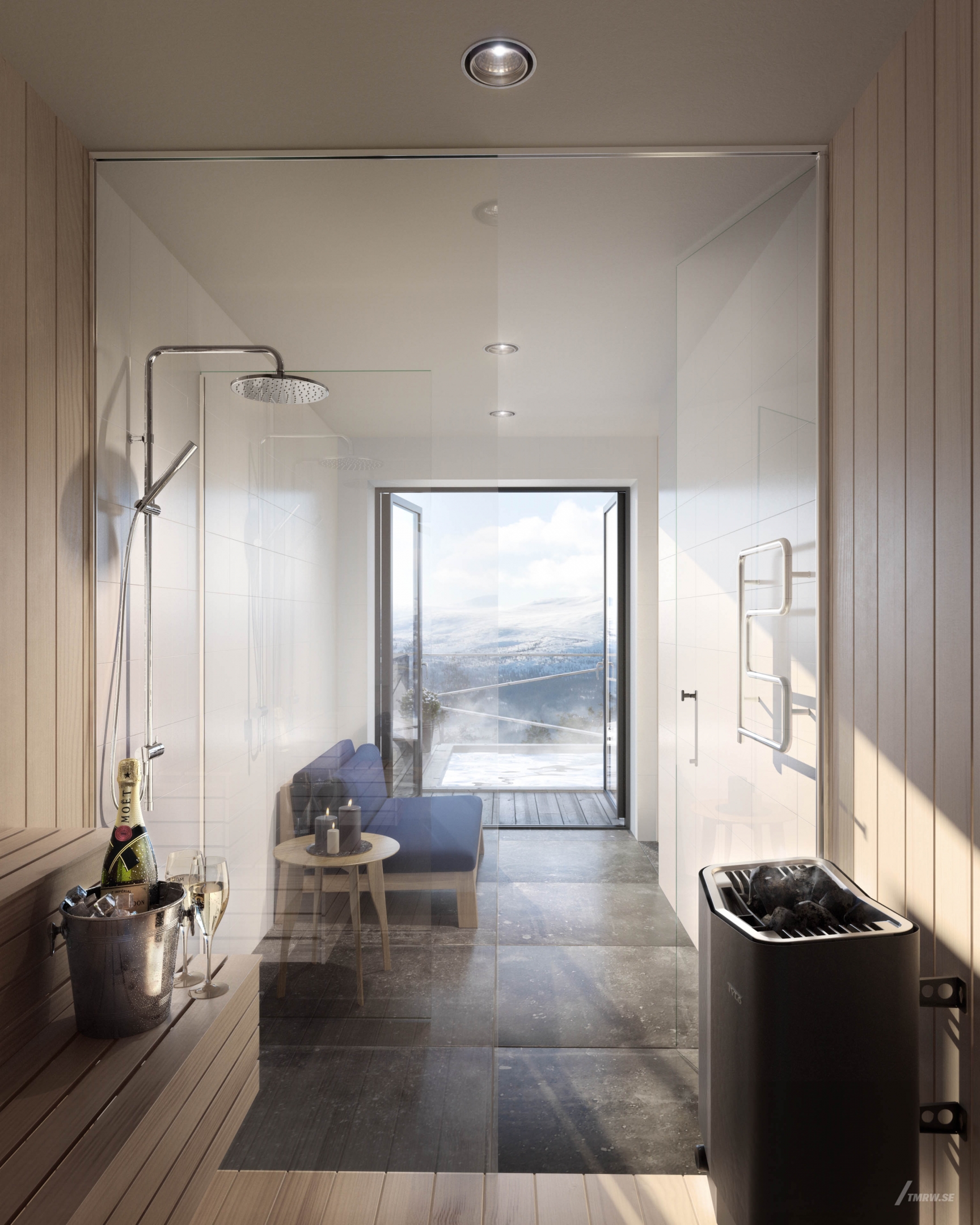 Architectural visualization of Lofsdalen for Bleck, sauna with big window, winter view