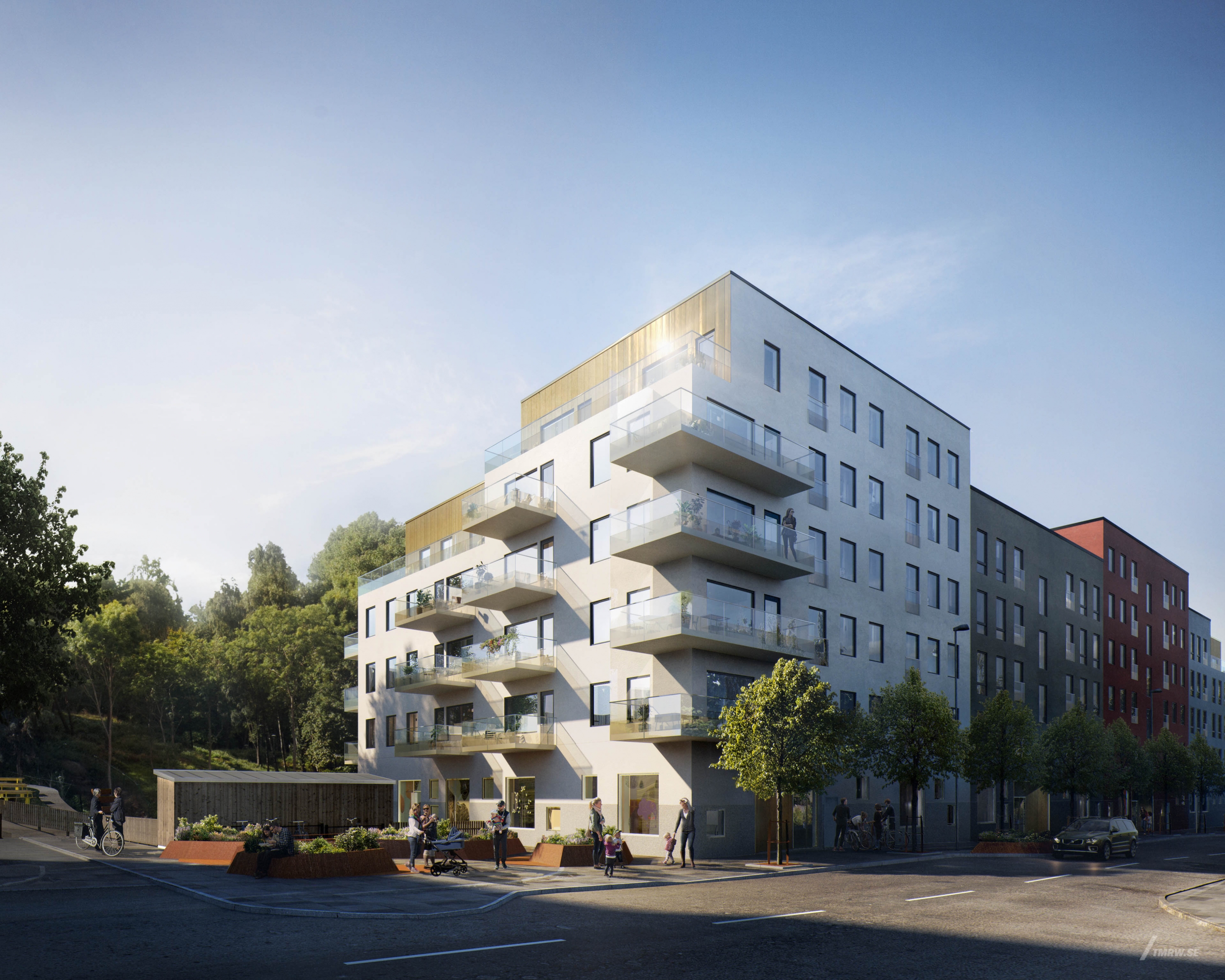 Architectural visualization of Dragonvägen for Brabo, residential building, people in front of building, morning