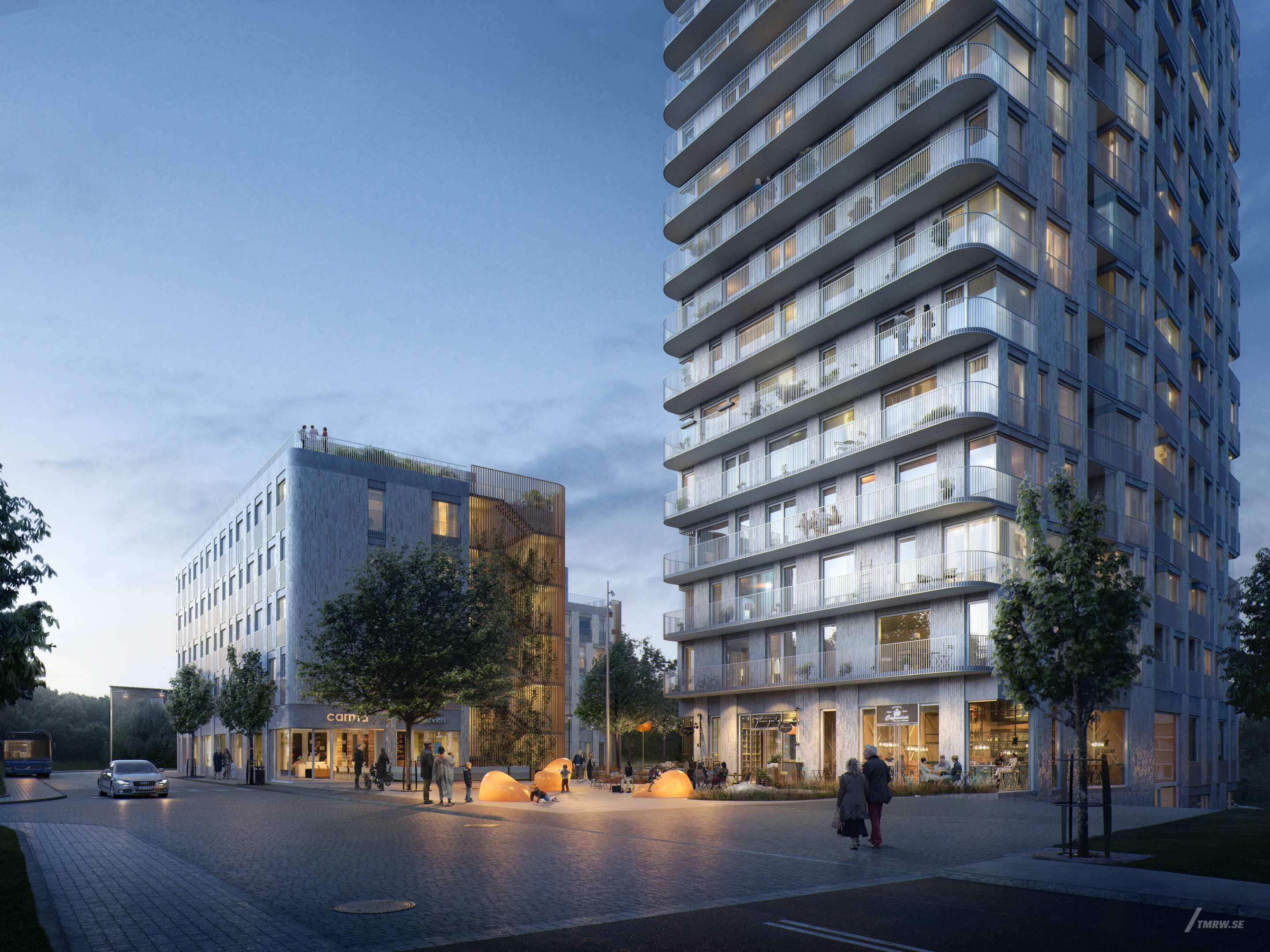 Architectural visualization of Ör for CF Möller, exterior of a residential building in summer dusk, people a walking and talking