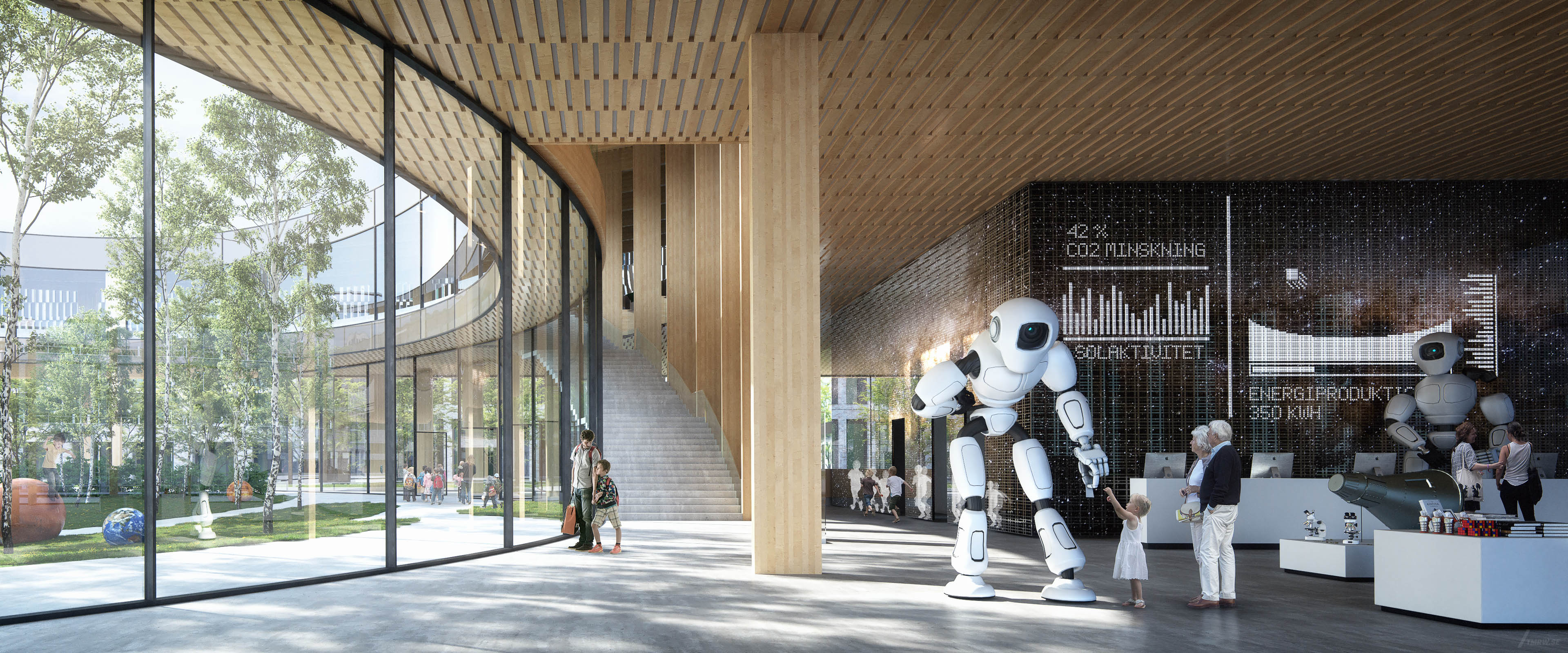 Architectural visualization of Lund Science Center for Cobe, interior of entrance floor, giant robot shaking hands with girl
