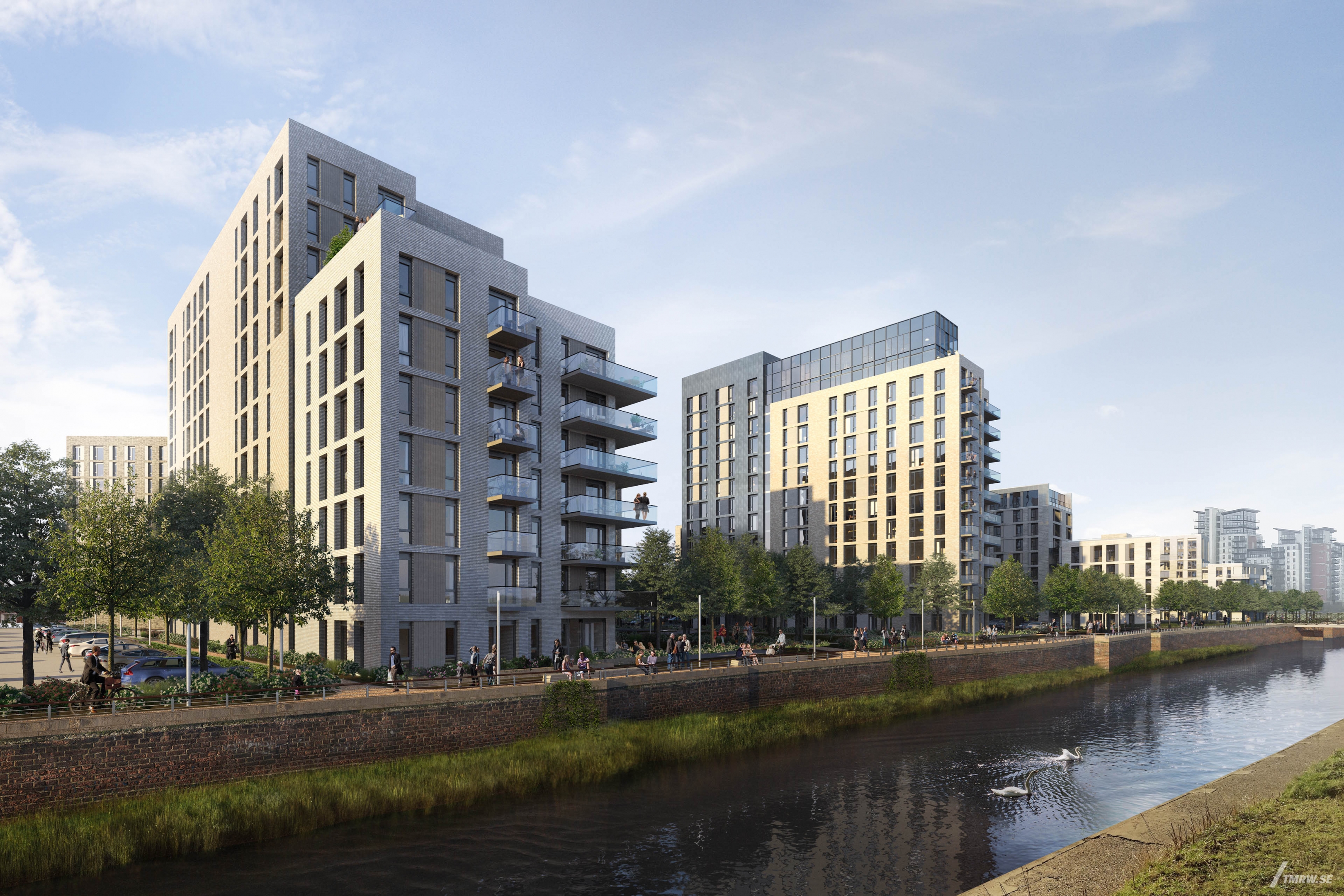 Architectural visualization of Leeds for CallisonRTKL, residential buildings, two swans swimming in channel
