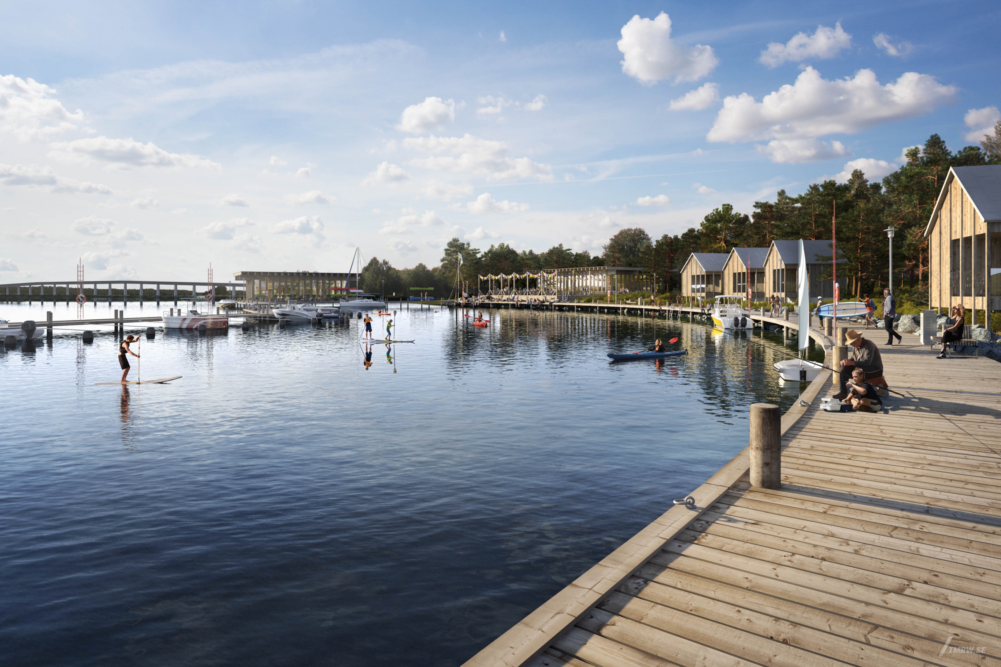 Architectural visualization of Annerstaden​​​​​​​ for Cernera, exterior of a bay in summer, people are paddling and fishing