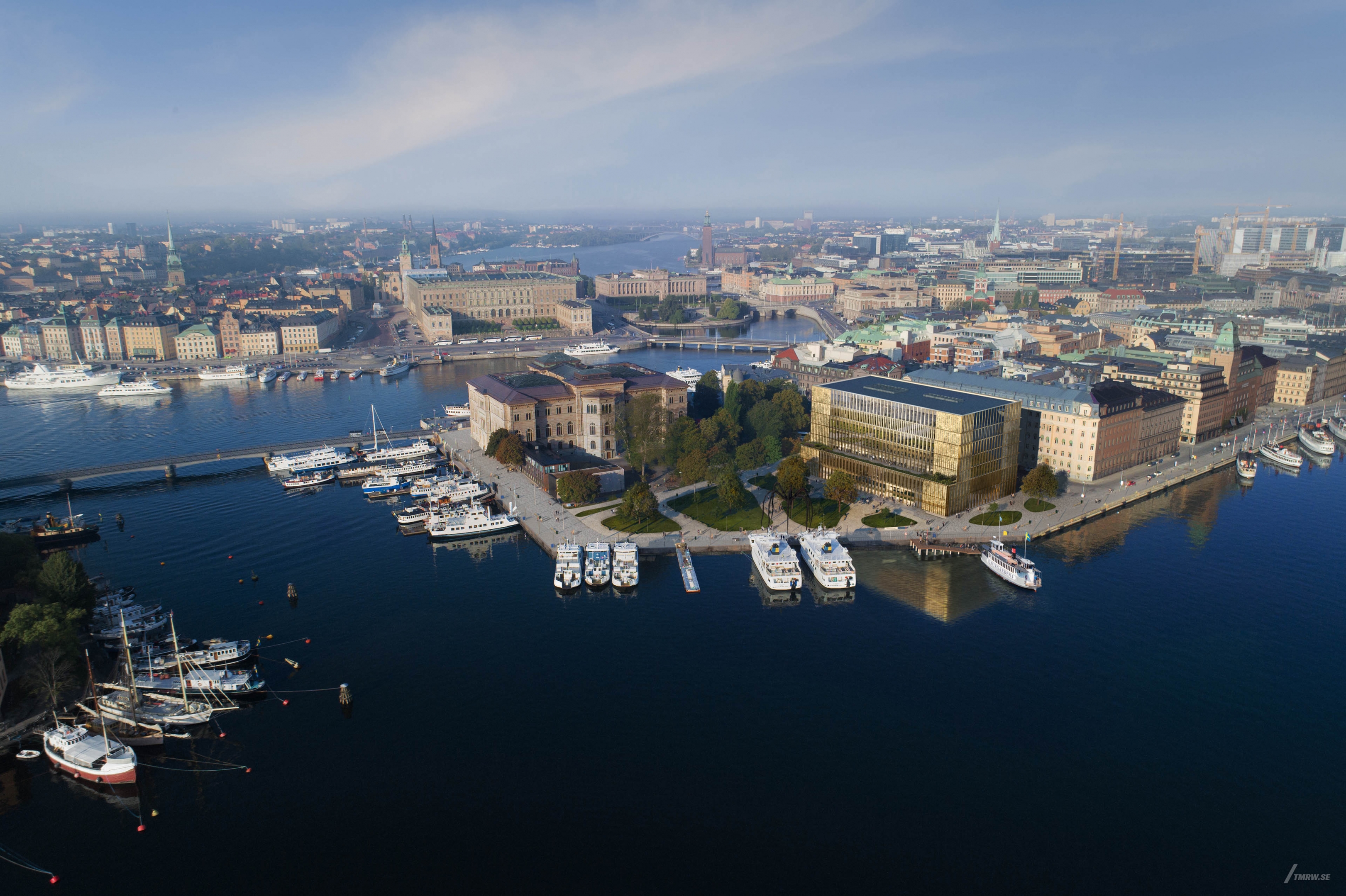 Architectural visualization of Nobelcenter​​​​​​​ for Chipperfield, arial of stockholm in day light