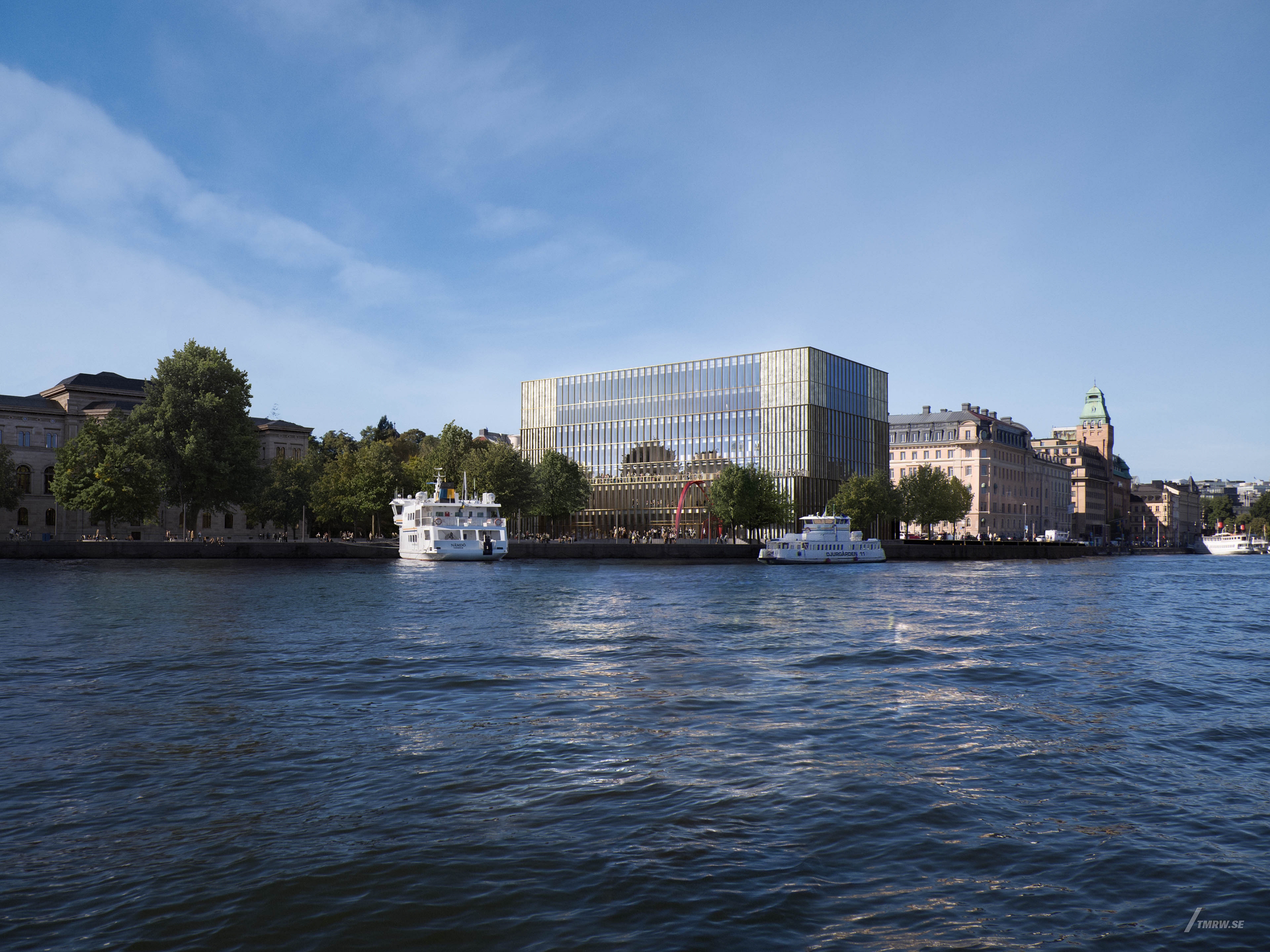 Architectural visualization of Nobelcenter​​​​​​​ for Chipperfield, view from the water, summer