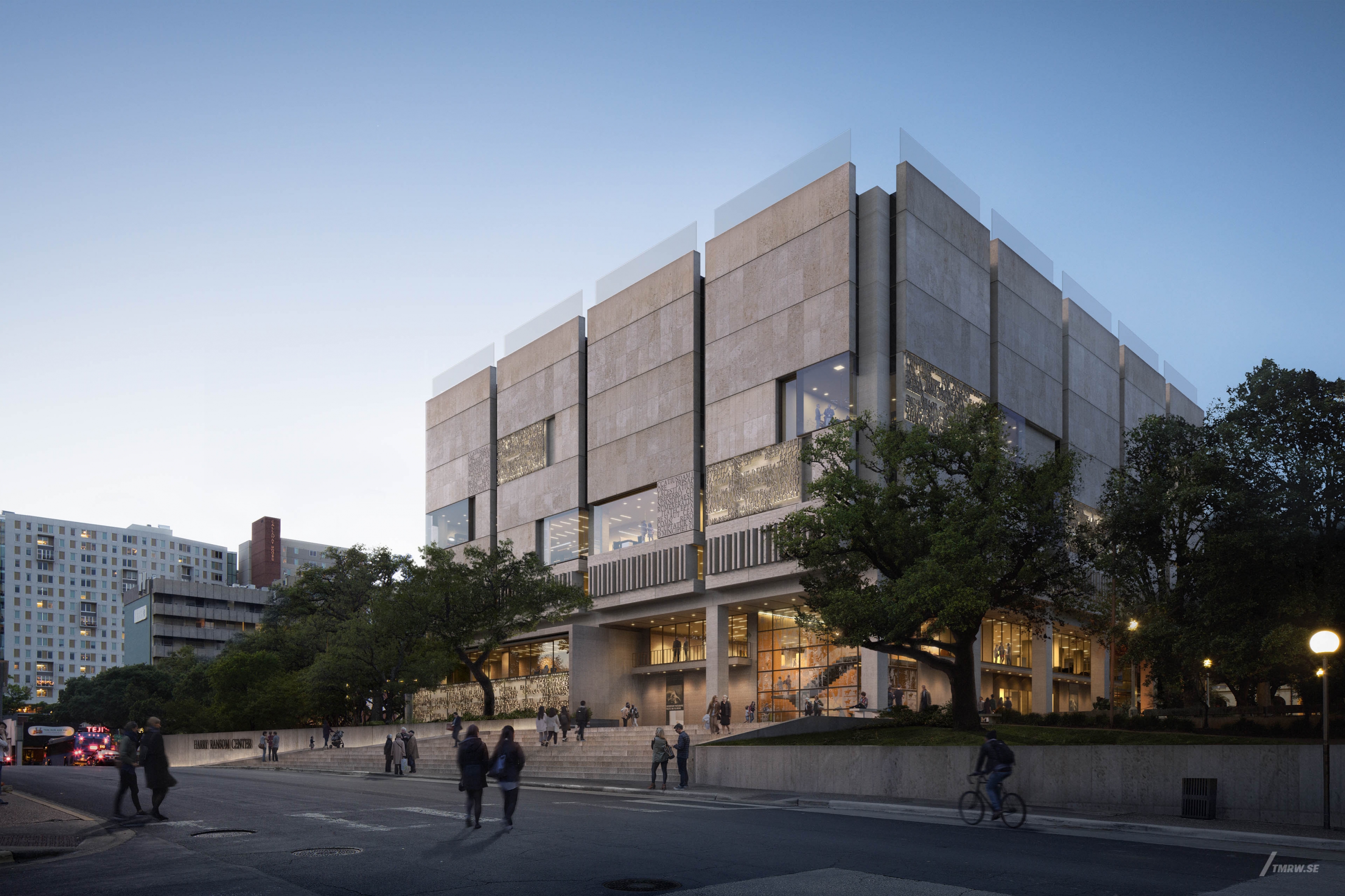 Architectural visualization of Harry Ransom Center for Cooper Robertson, exterior of a civic building in dusk