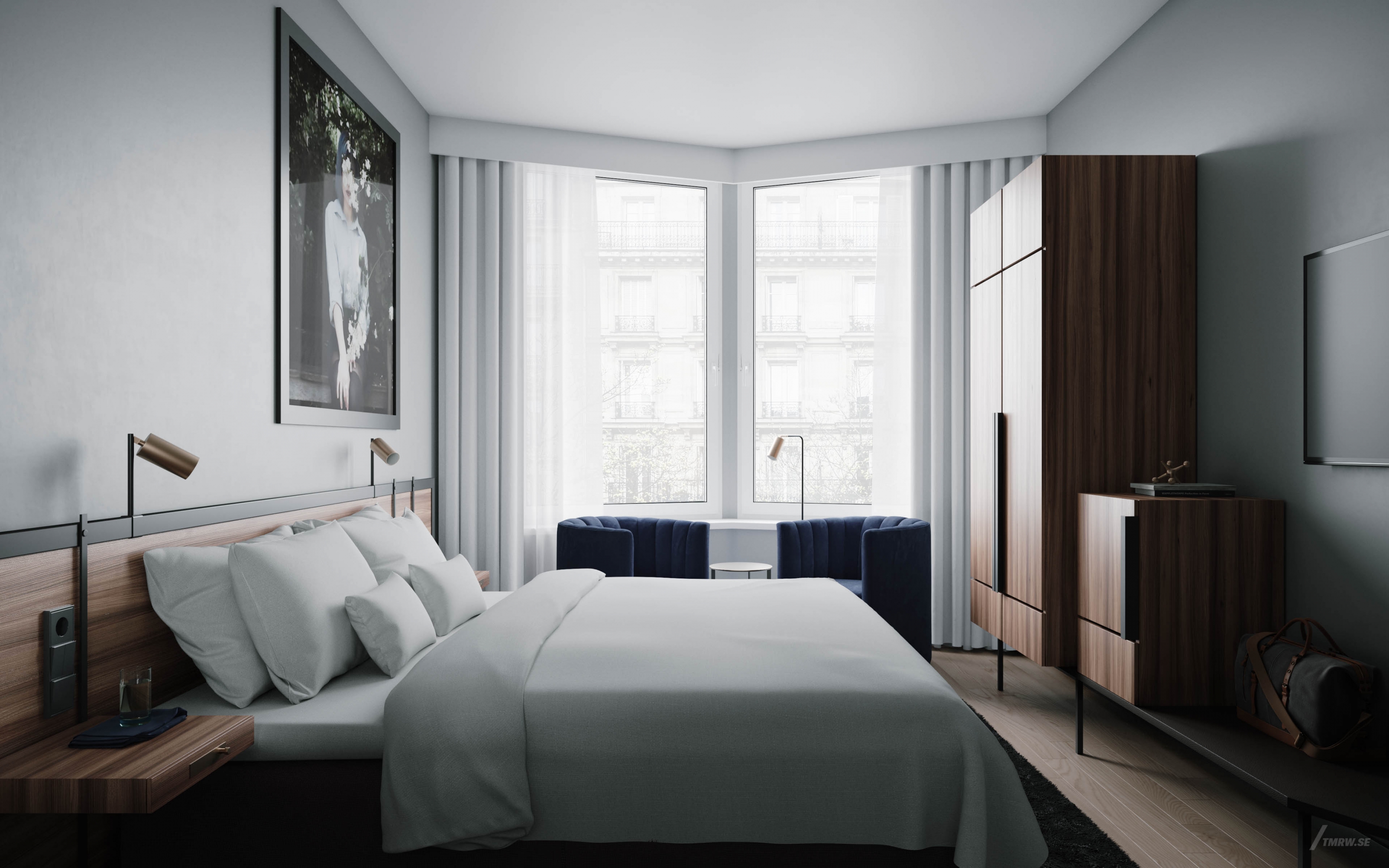 Architectural visualization of a bedroom for Doos Architects from an interior view in day light.