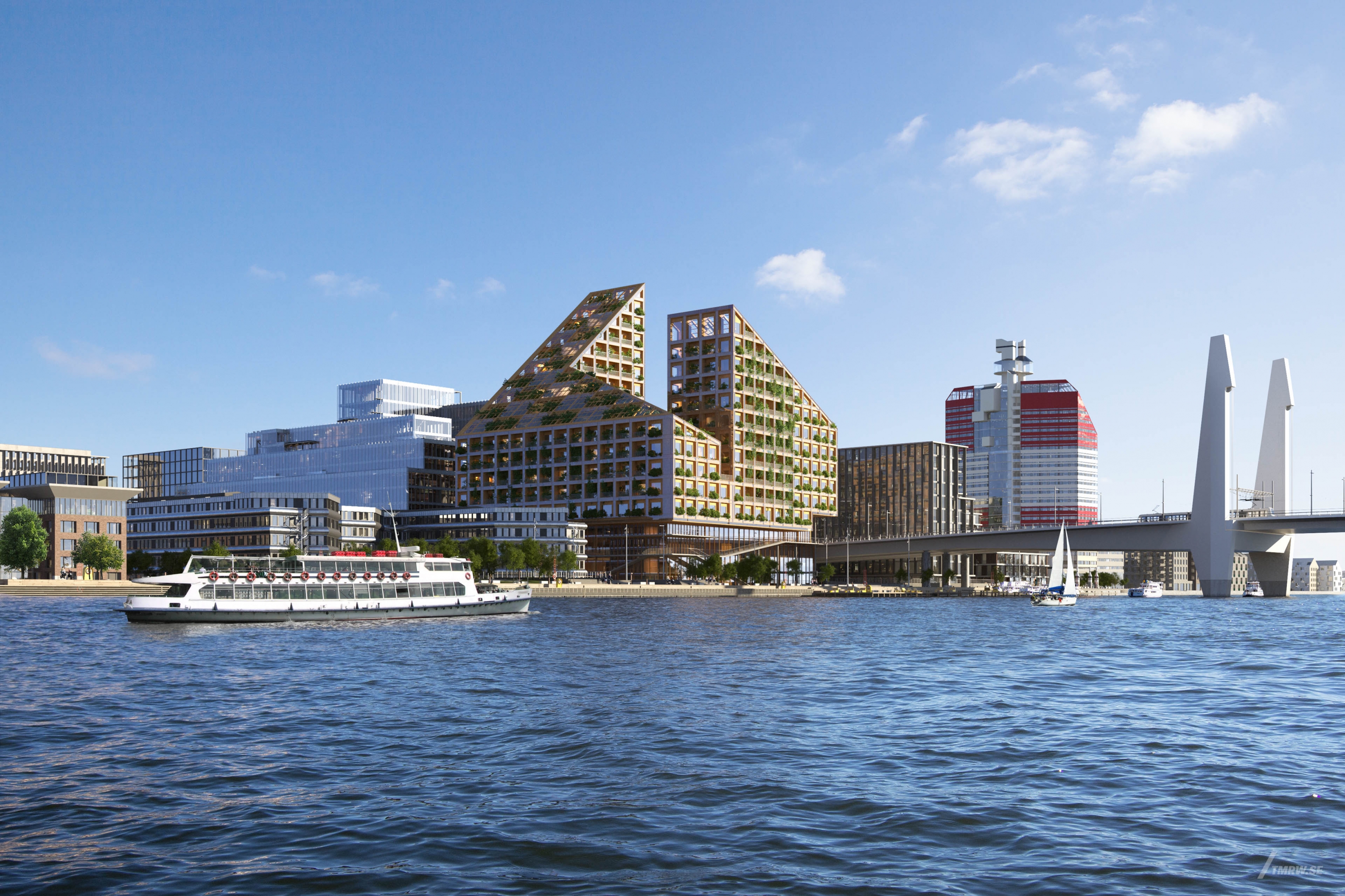 Architectural visualization of Kaj 16 for Dorte Mandrup, exterior of office building from a sea view