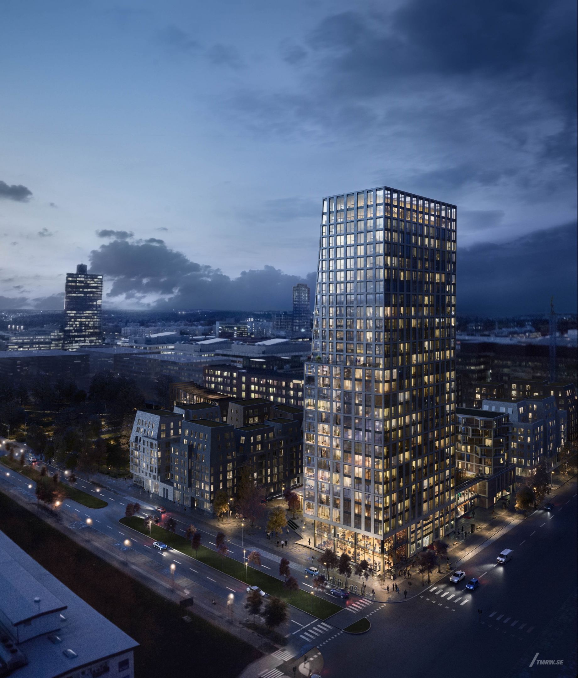 Architectural visualization of Kista Tower for Dreem, aerial of an office in night, location stockholm