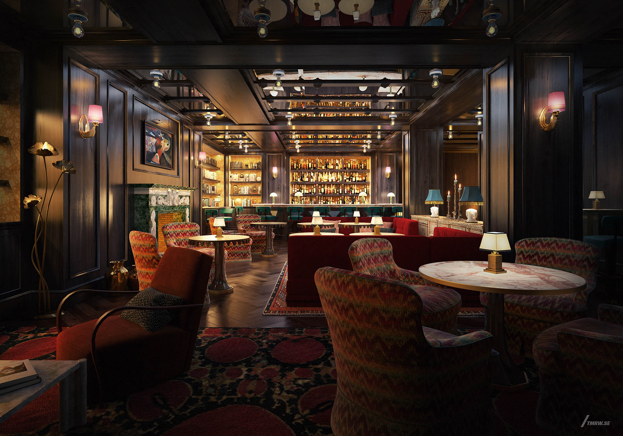 Architectural visualization of Flaneur Hospitality for Empire Managment a bar area emplty of people in cosy evening light form an interior view.