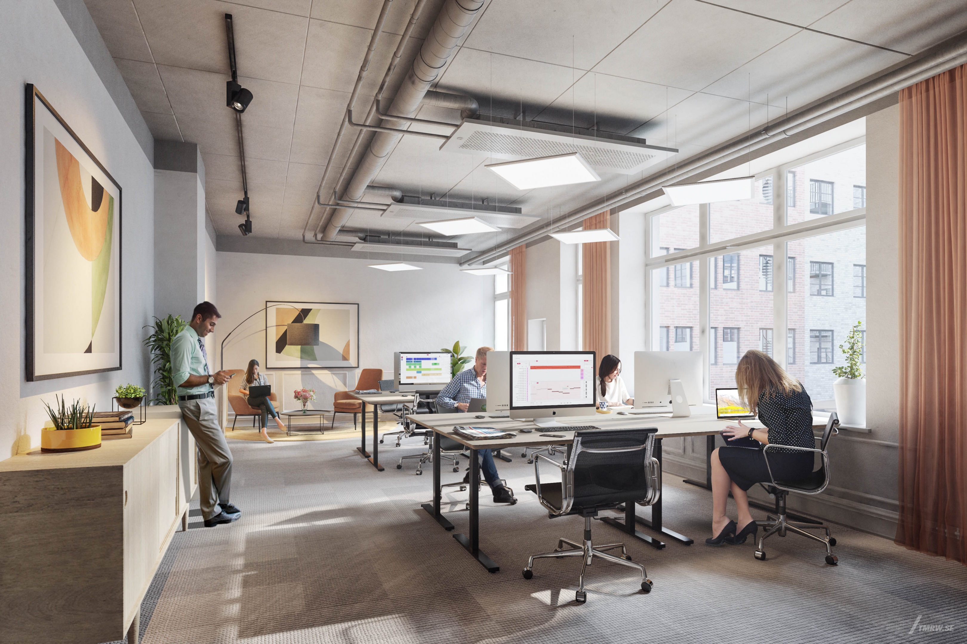 Architectural visualization of Kungsgatan for Fabege a office area, with people sittning and working by a a computior and one person scrolling a mobile phone, in day light form an interior view.