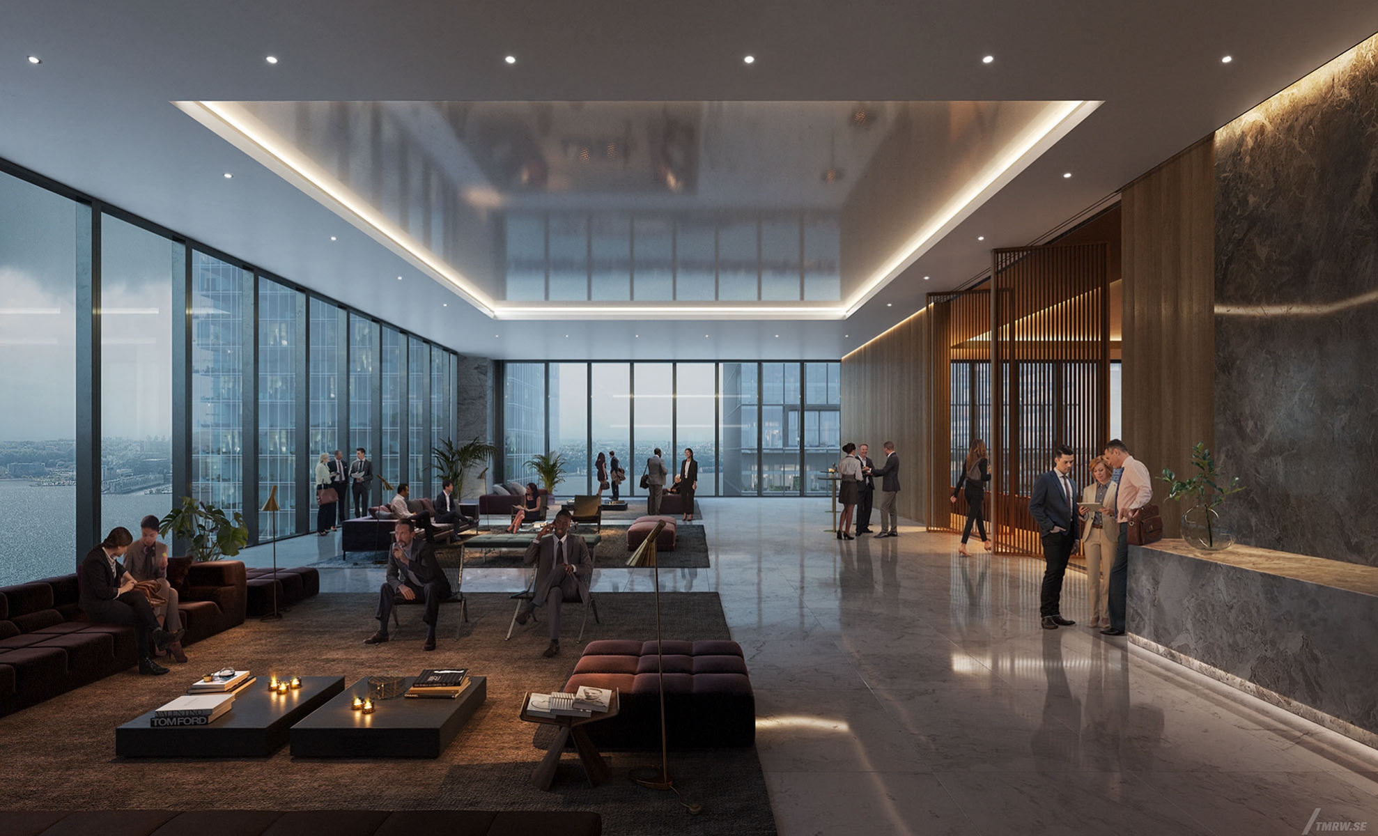 Architectural visualization of Hudon Yards for foster & Partner, an office building in evening from an interior view.