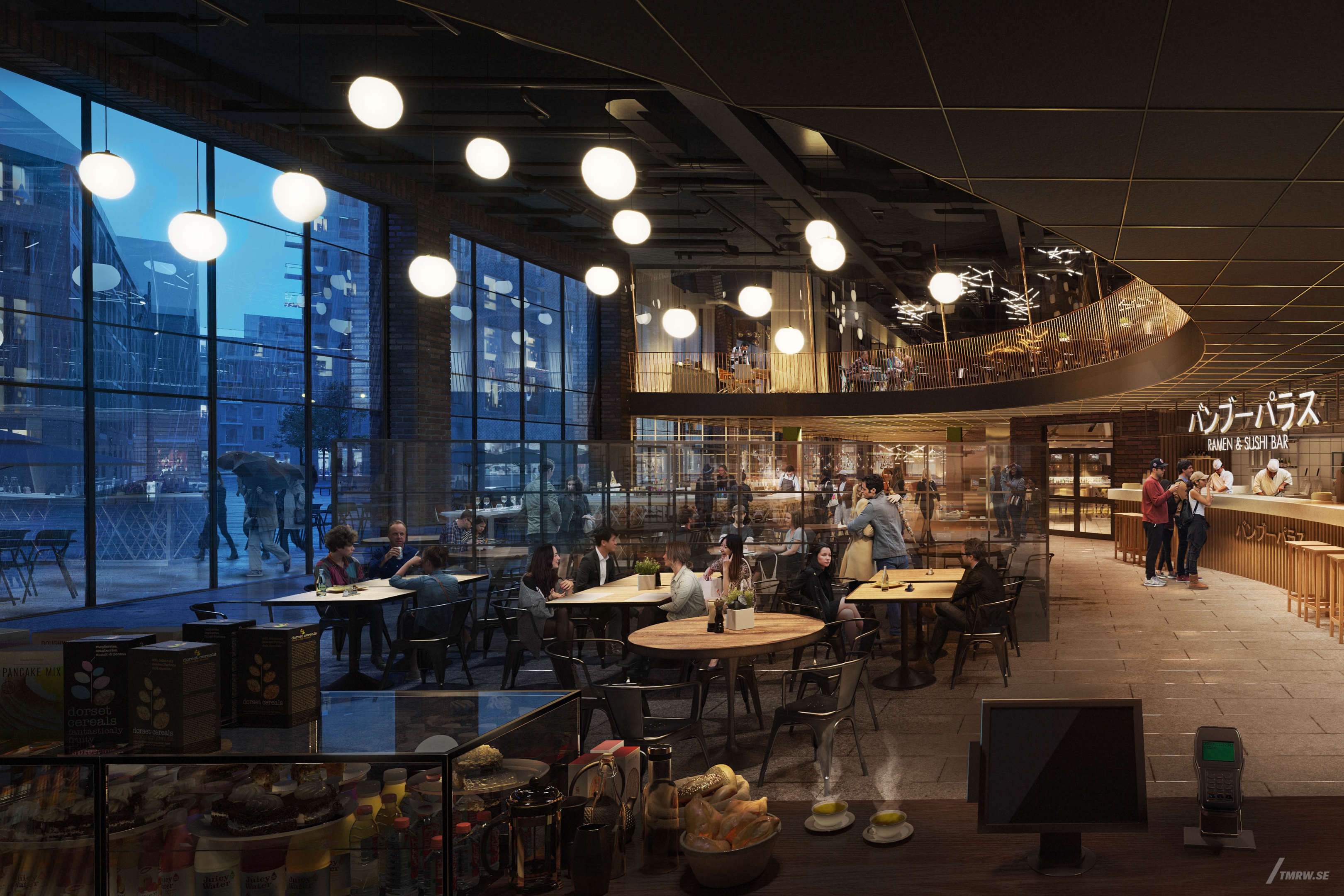 Architectural visualization of Varberg Hotel for Fredblads a restaurant area, with people sittning and socializing, in evening light form an interior view.