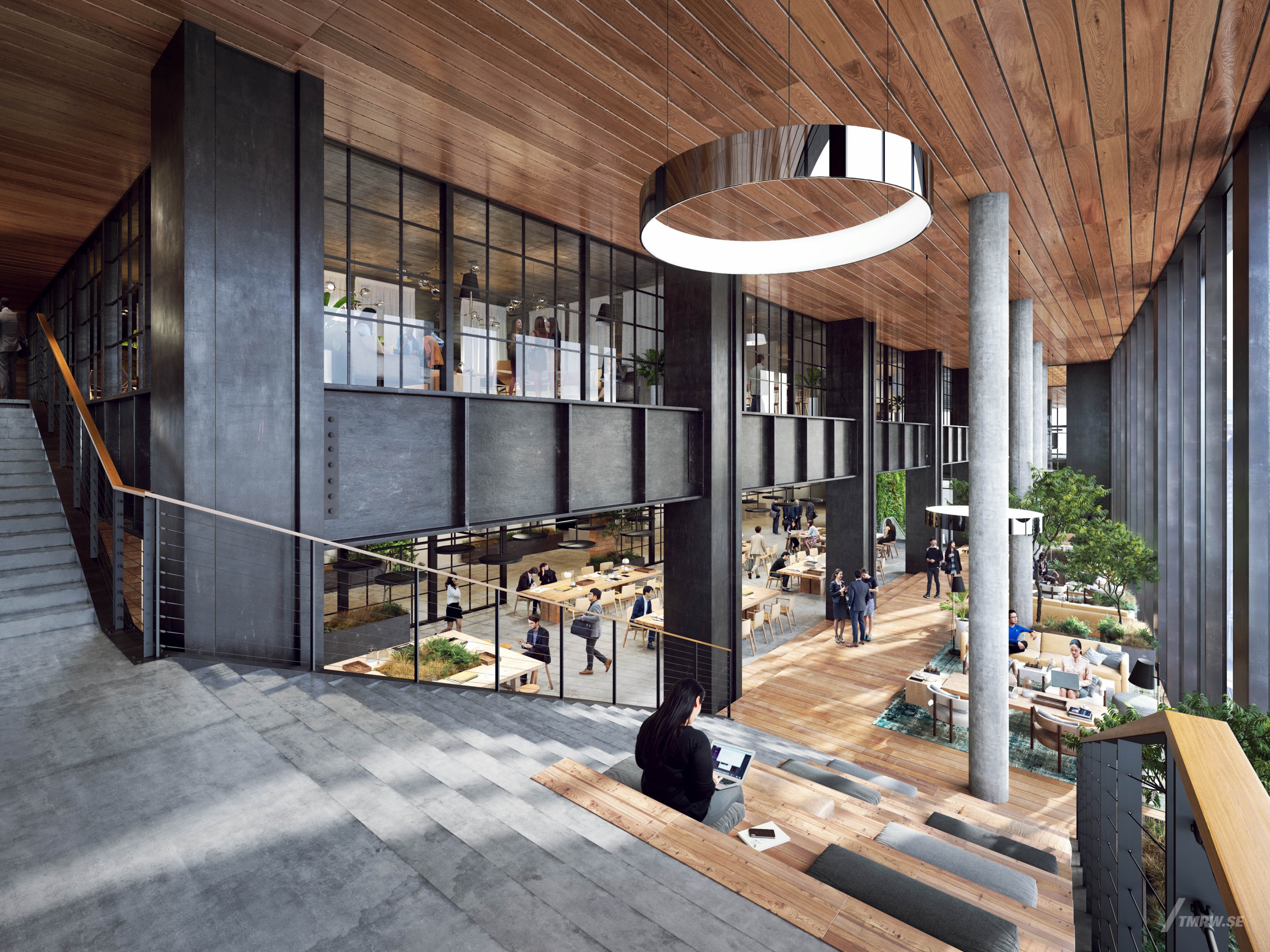 Architectural visualization of Shin Fukuoka for KPF a coworking area, with a person sittning in a stair working, in day light form an interior view.