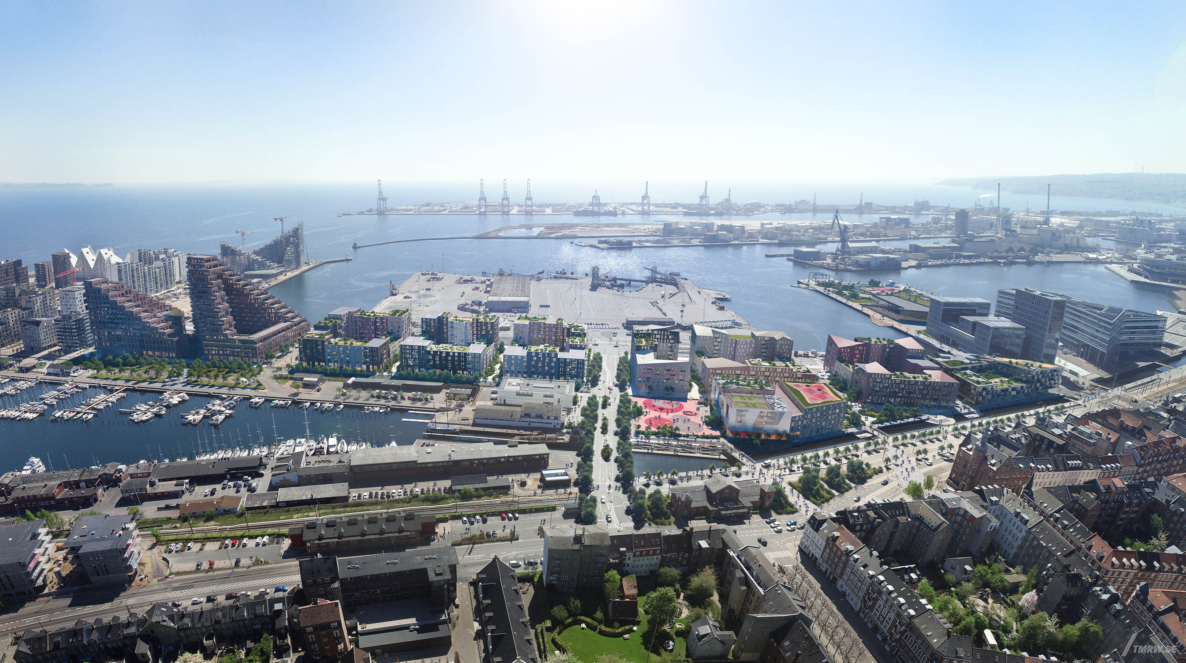 Architectural visualization of Aarhus for Gehl, arial harbor in daylight