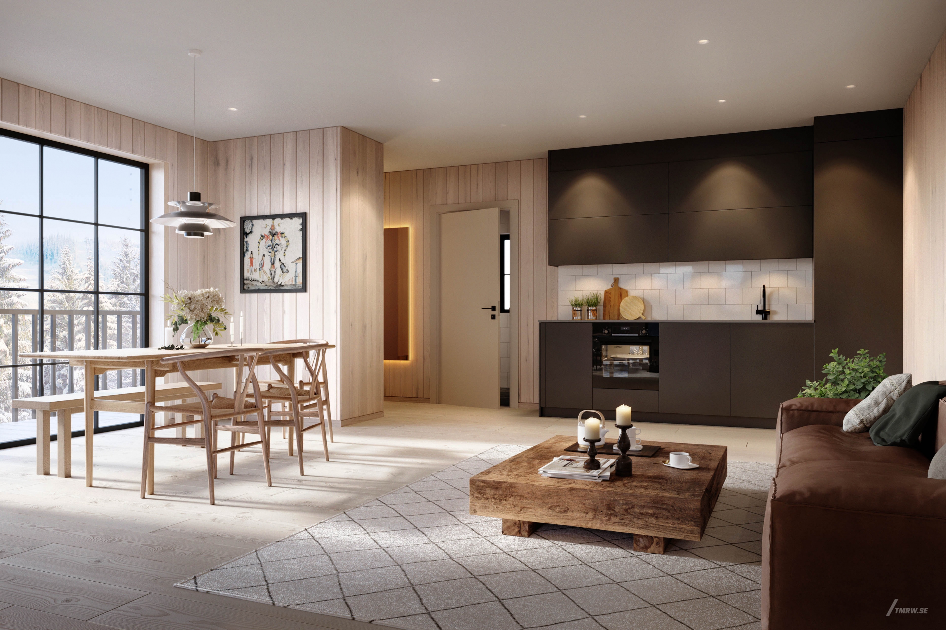 Architectural visualization of Fjällbäcke for Gemma Development, living room and kitchen, winter