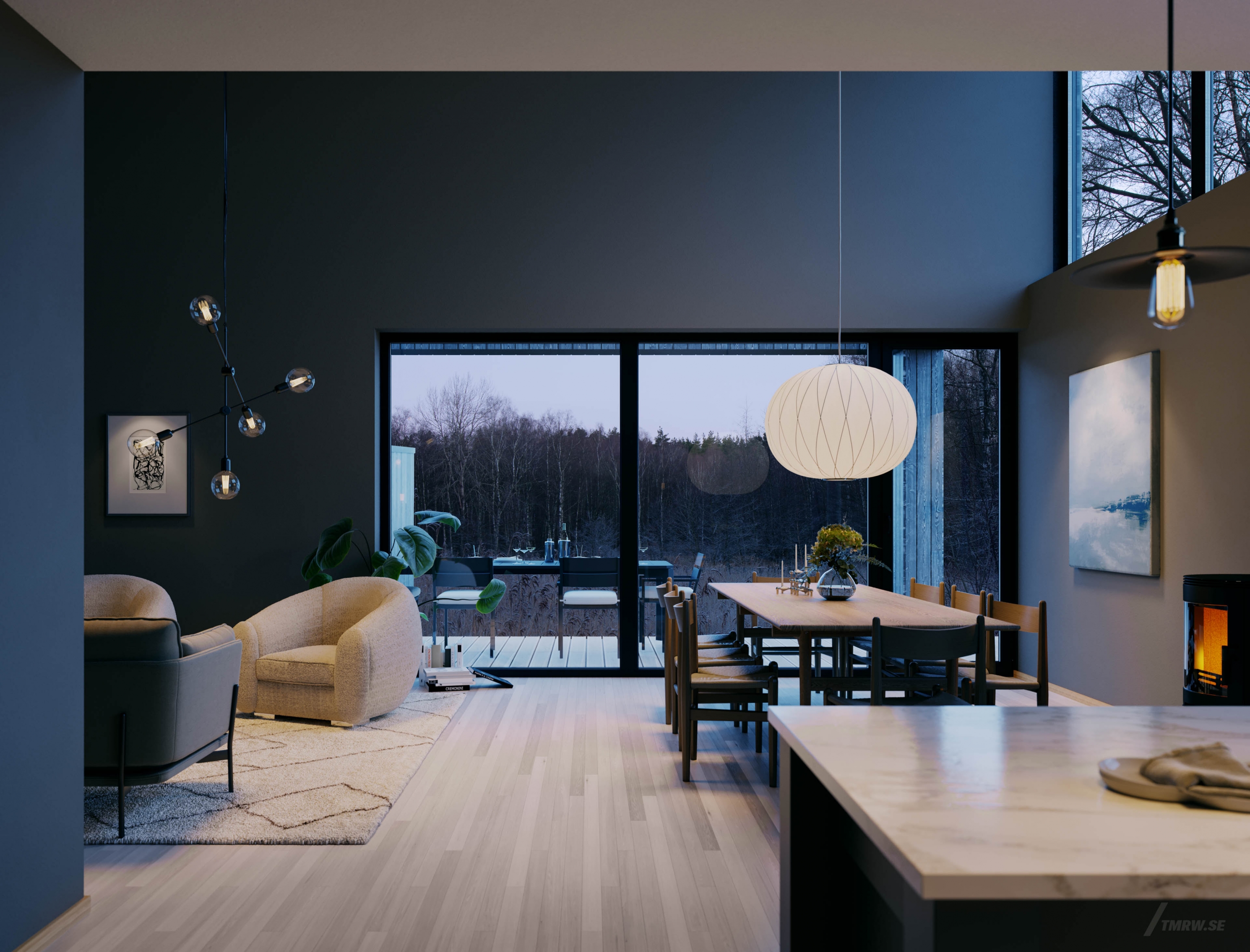 Architectural visualization of Högmora for Gemma Development, livingroom, dusk