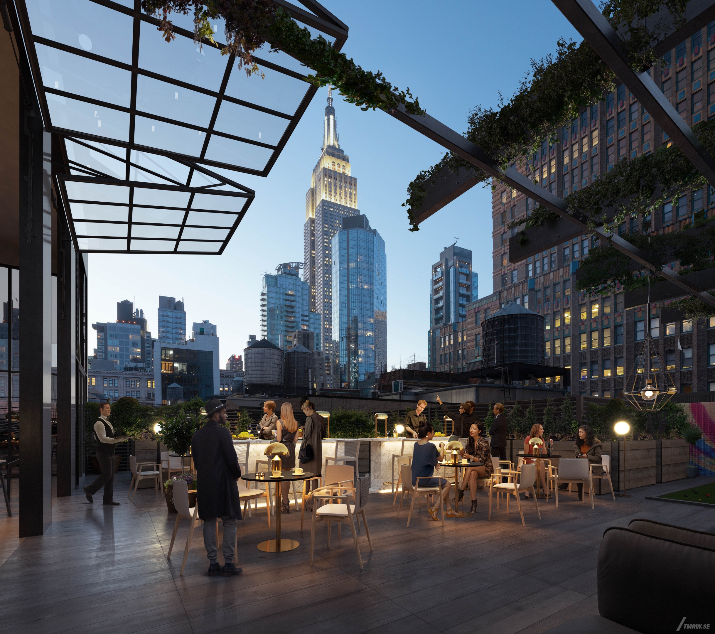 Architectural visualization of 470 Park Avenue for Gensler, exterior of rooftop bar at night, new york skyline view