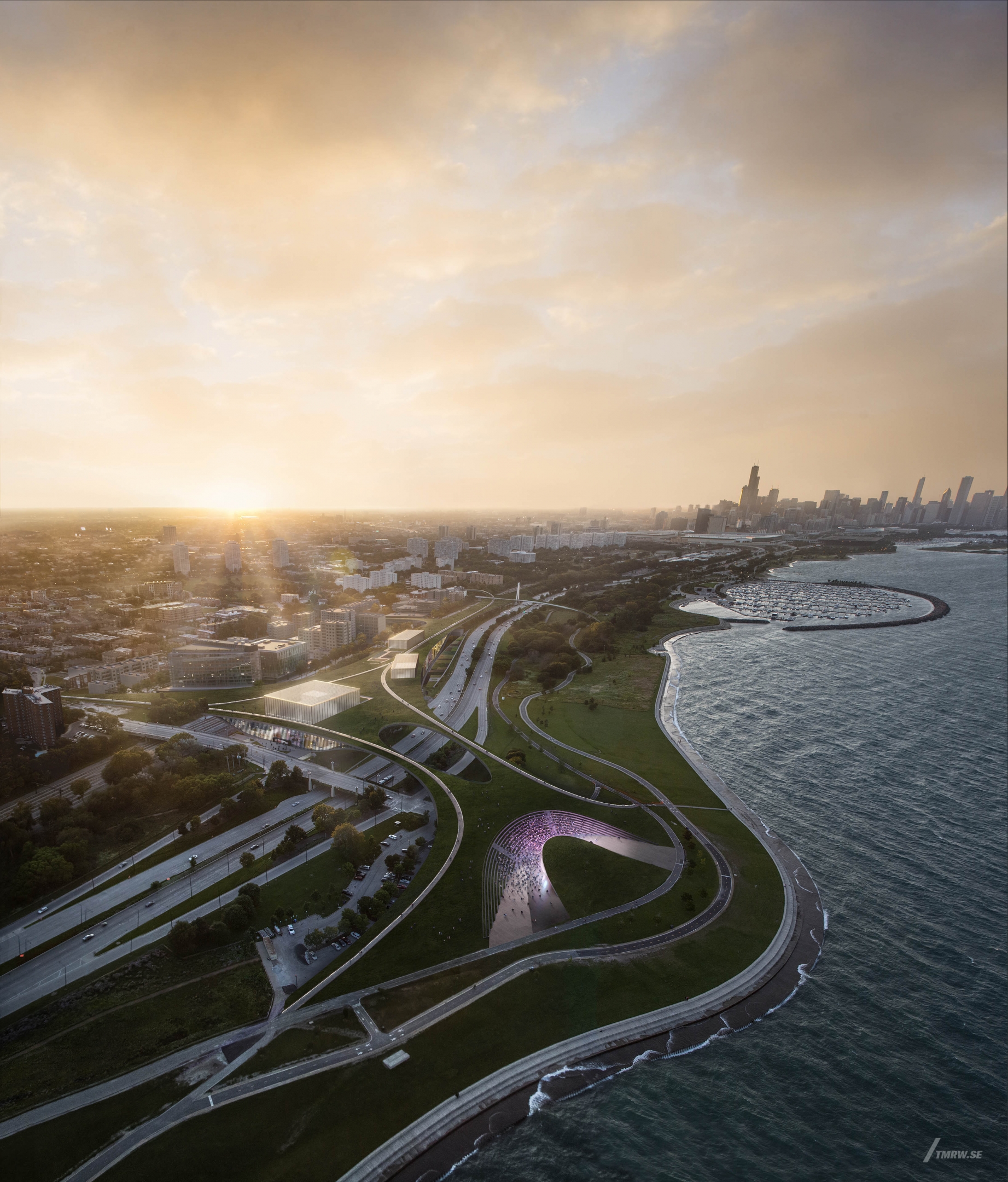 Architectural visualization of Bronzeville Get Down for Gensler, arial of bay and a city in golden hour