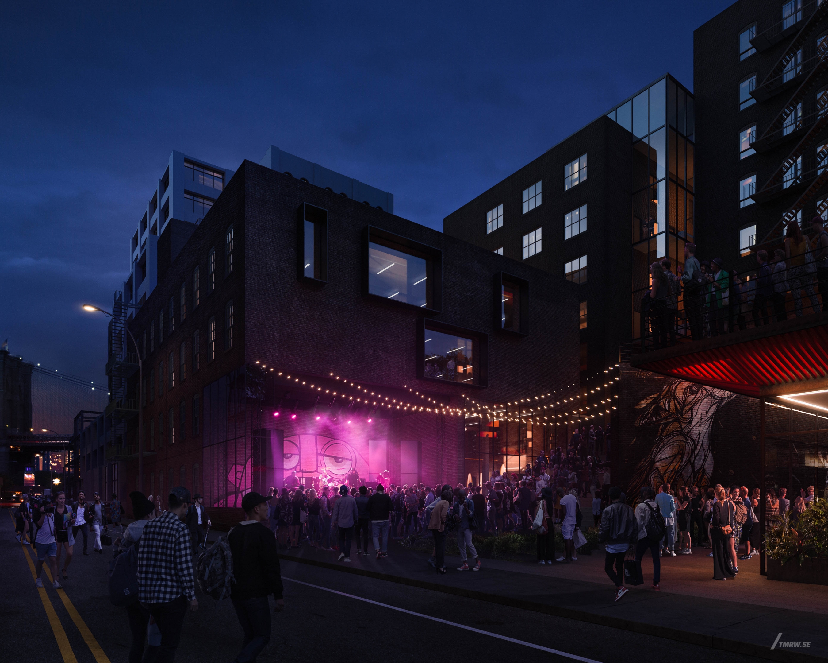 Architectural visualization of Columbia Heights for Gensler, exterior of a street dance party in the night