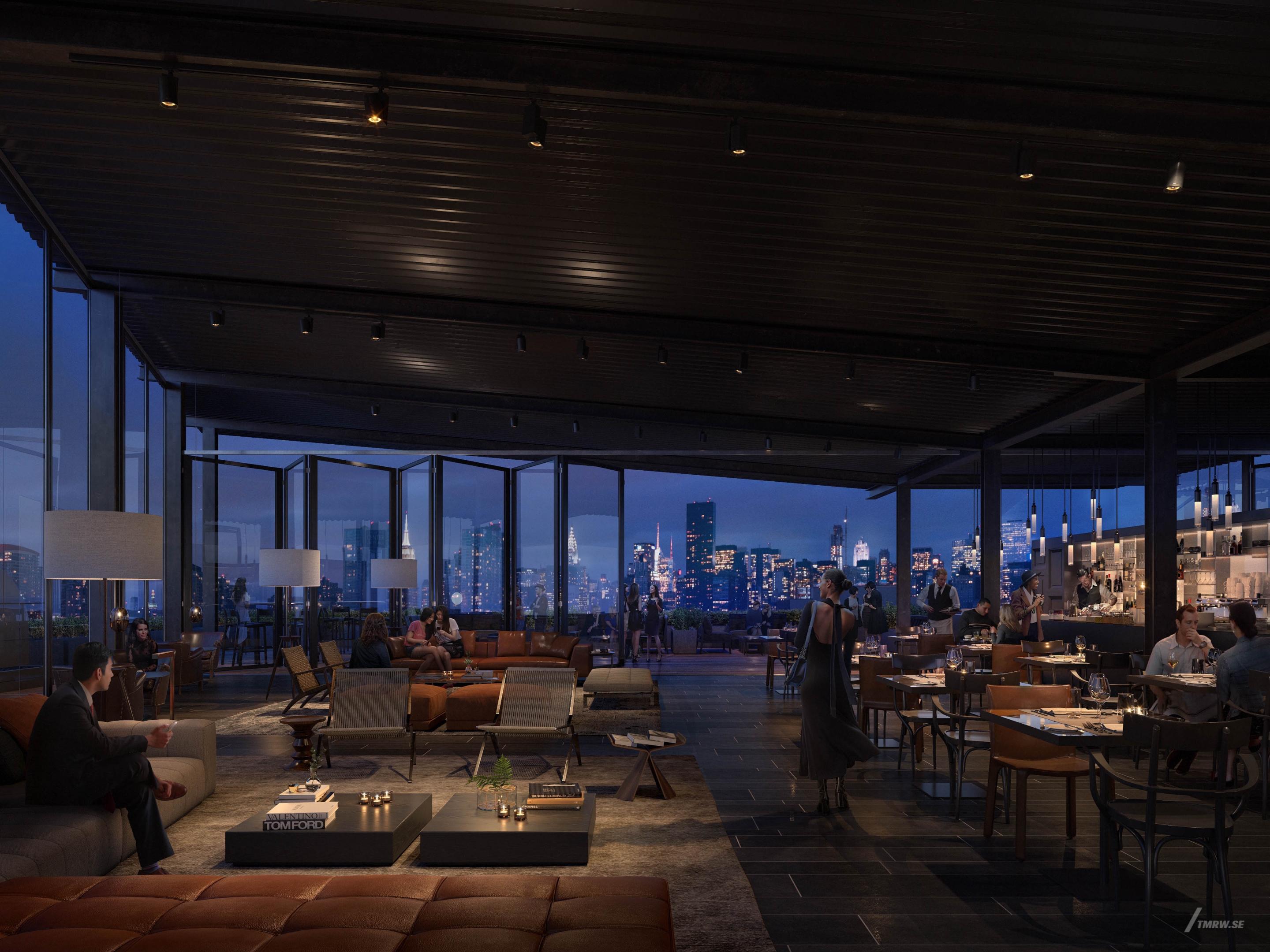 Architectural visualization of Court Square for Gensler, rooftop restaurant with a view over skyscrapers at night