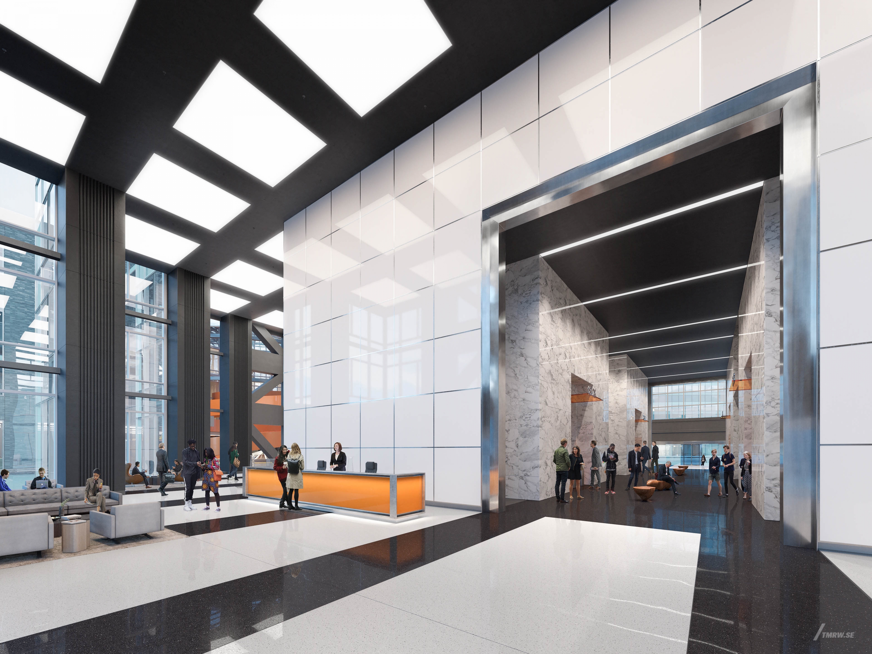 Architectural visualization of Court Square for Gensler, modern lobby at office stone floors and walls, high ceiling