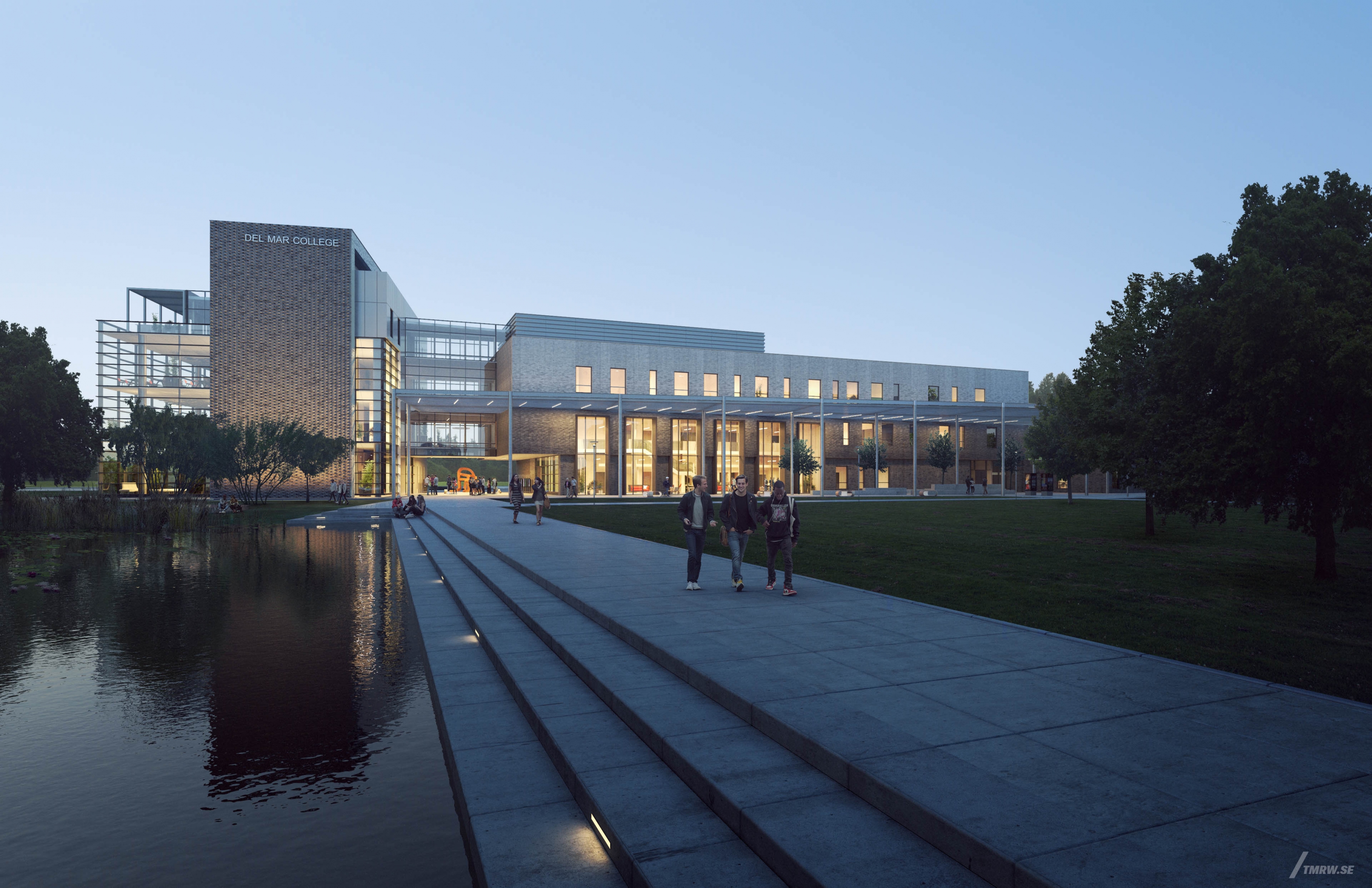 Architectural visualization of Del Mar College for Gensler, exterior of the campus in dusk